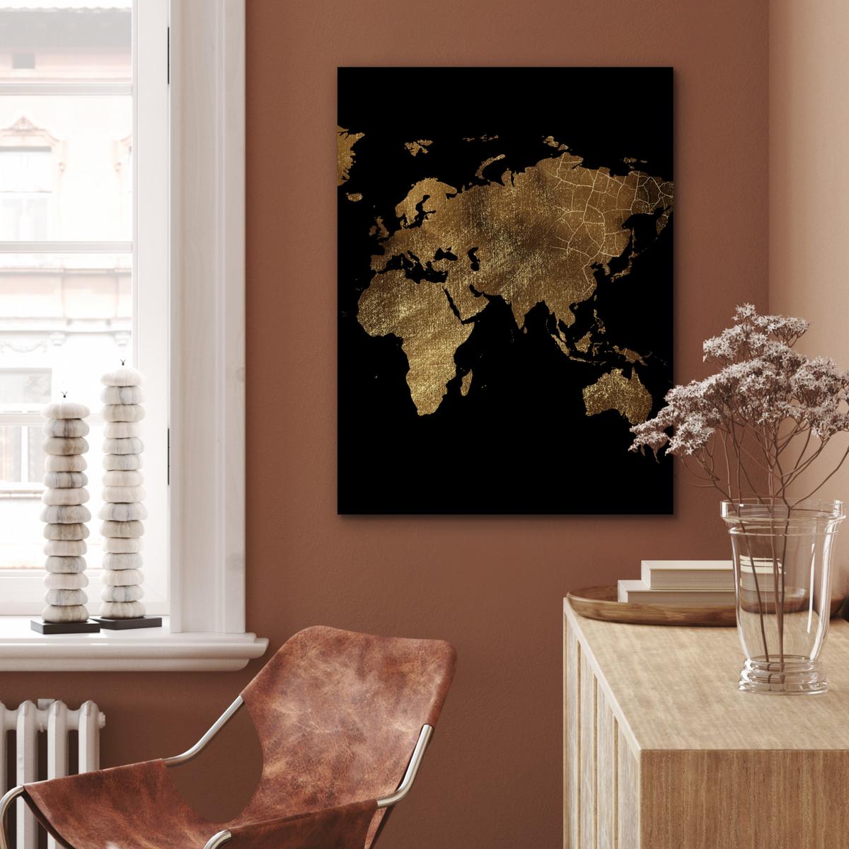 METALLBILD Weltkarte - Gold - Luxus - Erde - Schwarz 60x80 cm - Goldfarben, Metall (60/80cm) - MuchoWow