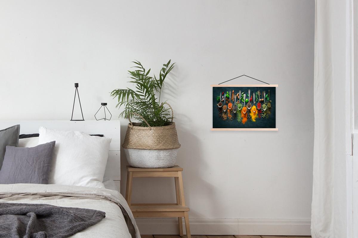 POSTER MIT MAGNETLEISTEN Kräuter - Gewürze - Löffel Wandbilder 60x40 cm - Currygelb, Textil (60/40/0.15cm) - MuchoWow