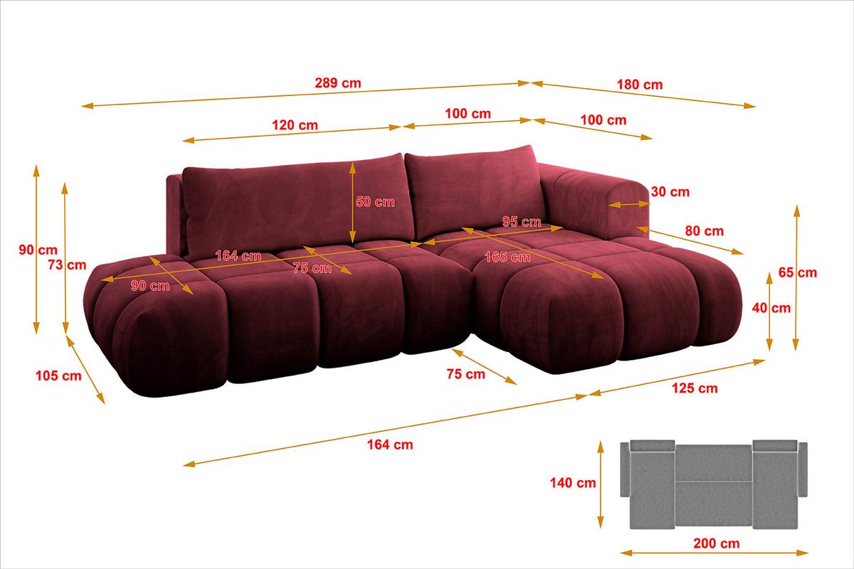 ECKSOFA Ottomane Rechts CLOUD-L 280x185x90 Bordeaux Velours - Bordeaux, Holzwerkstoff/Kunststoff (185/280cm) - ALTDECOR