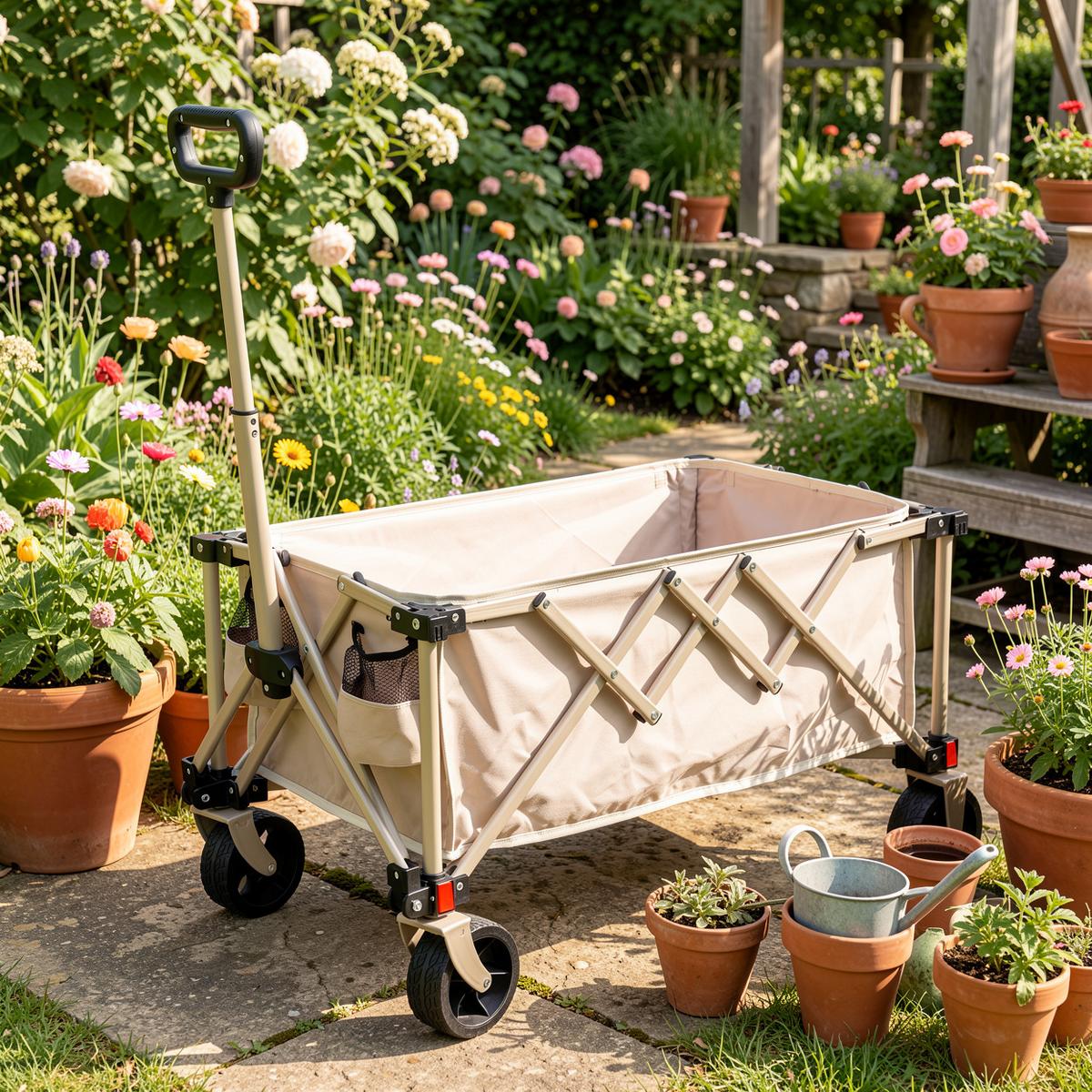 GARTENWAGEN 80L Beige & Stahl – Moderner Outdoor-Transportwagen mit All-Terrain-Rädern & Teleskopgriff - Bernsteinfarben, Metall (77/45/48cm) - Urban Meuble