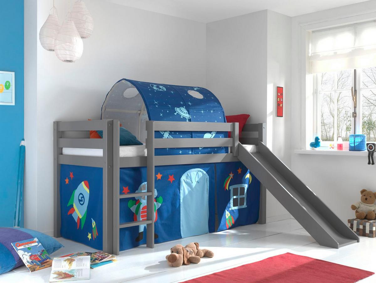 HOCHBETT mit Rutsche Karolina Massivholz Grau Textilset Astro 2 - Blau/Grau, Holz (90/200cm) - 58aufmkessel