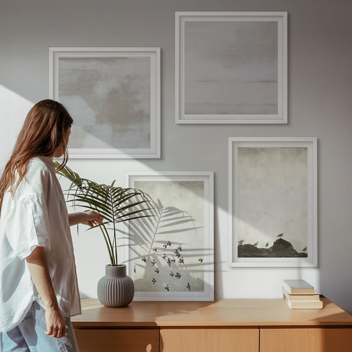 BILDER SET 4er Set - 50x50 cm & 40x60 cm Weißer Rahmen - Minimalistische Vögel im Flug - Weiß, Kunststoff (50/50cm) - TULUP
