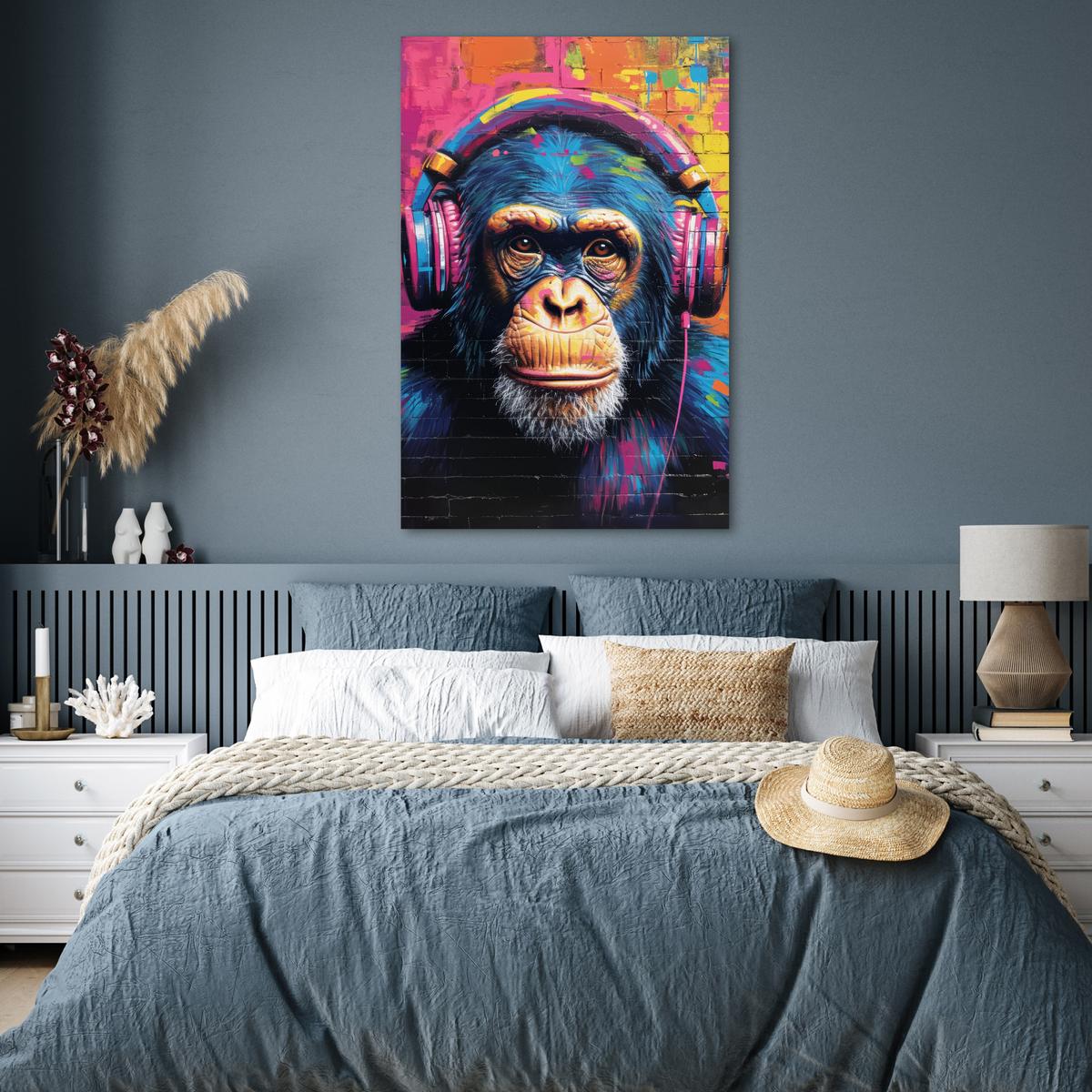 POSTER Graffiti - Schimpanse - Straßenkunst - Kopfhörer - Affe Wandbild Schlafzimmer 80x120 cm - Blau, Papier (80/120/0.1cm) - MuchoWow
