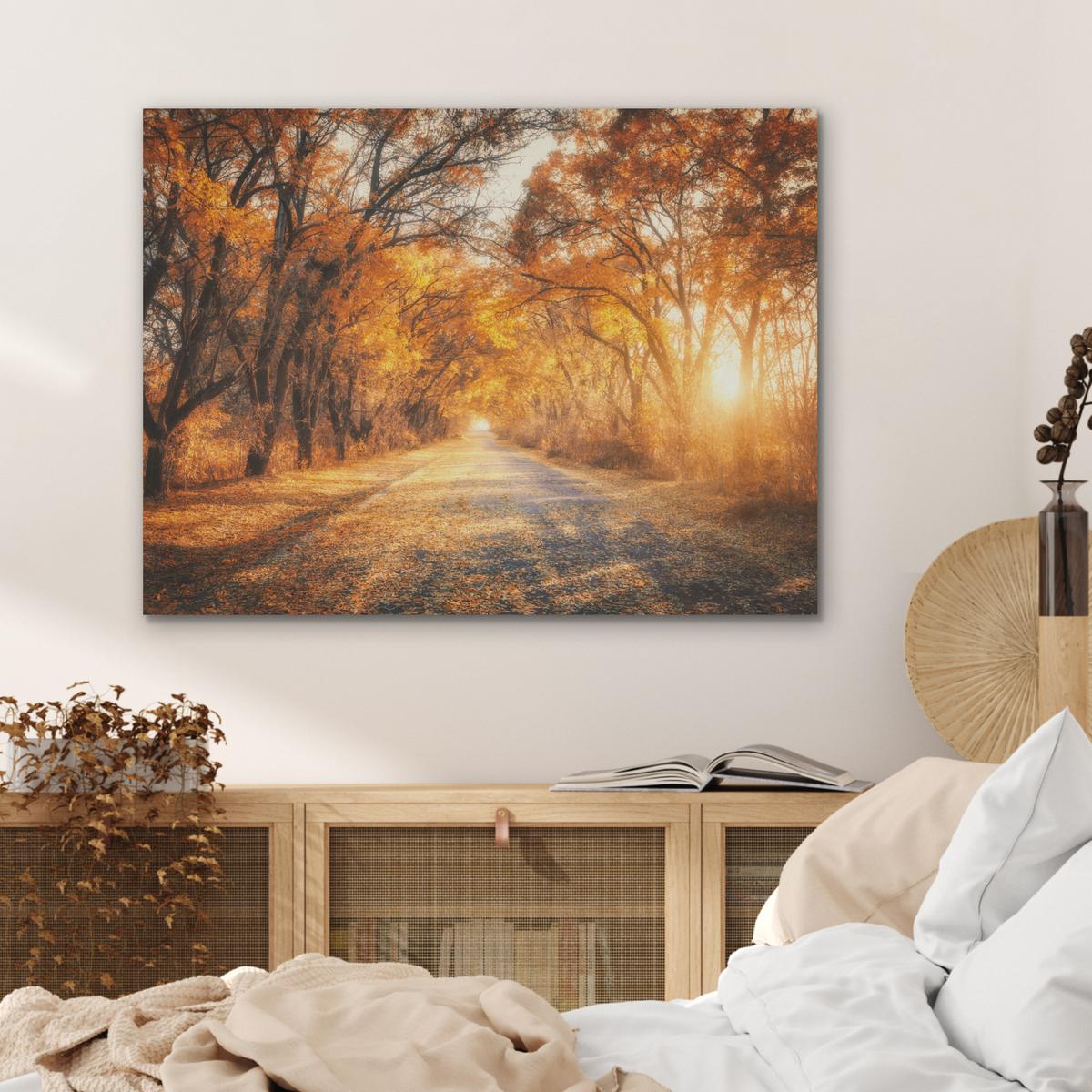 AKUSTIKBILD Wald - Herbst - Bäume - Waldweg - Natur Gemälde 80x60 cm - Bernsteinfarben, Kunststoff (80/60/0.9cm) - MuchoWow