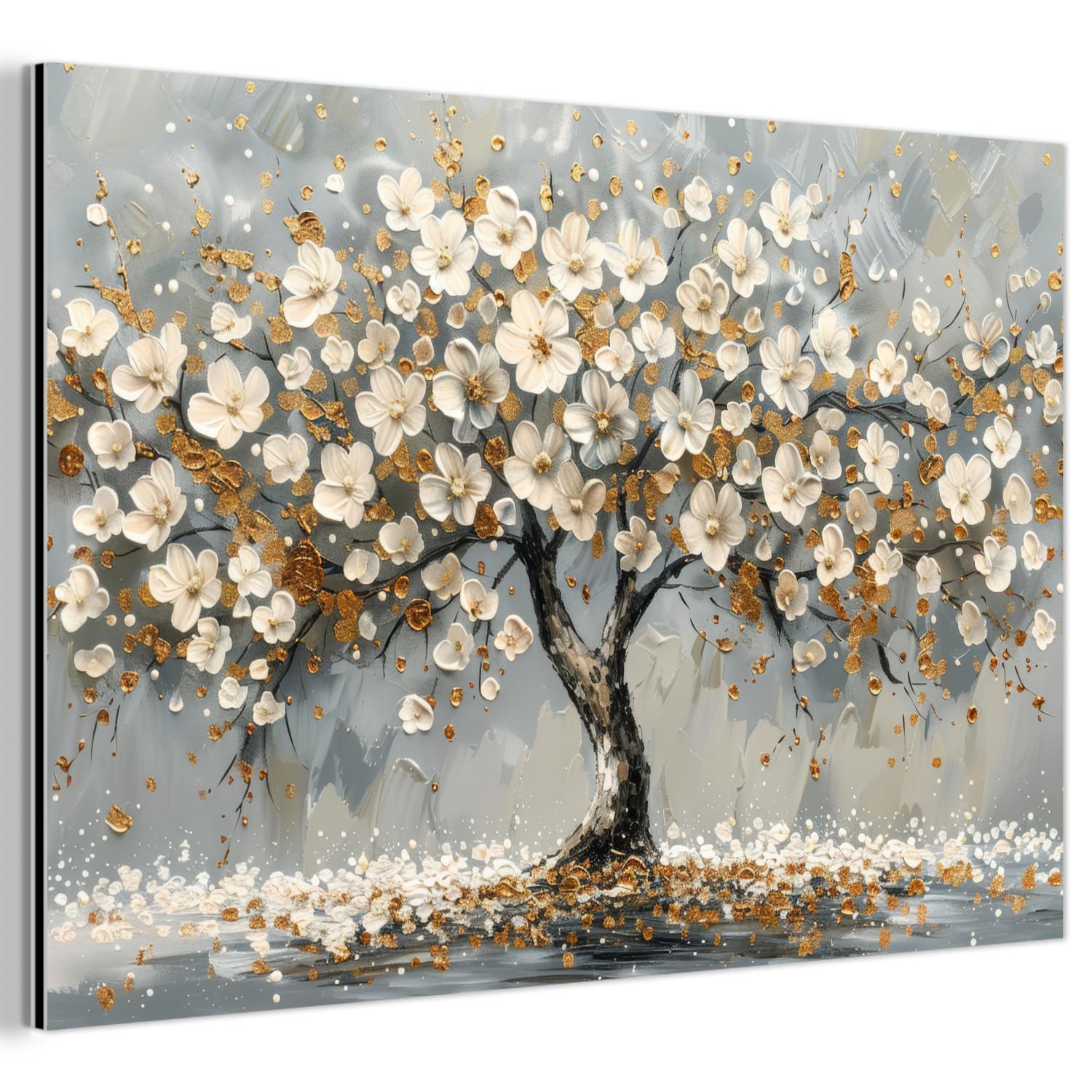 METALLBILD Baum - Blumen - Weiß - Natur - Kunst 30x20 cm - Weiß, Metall (30/20cm) - MuchoWow