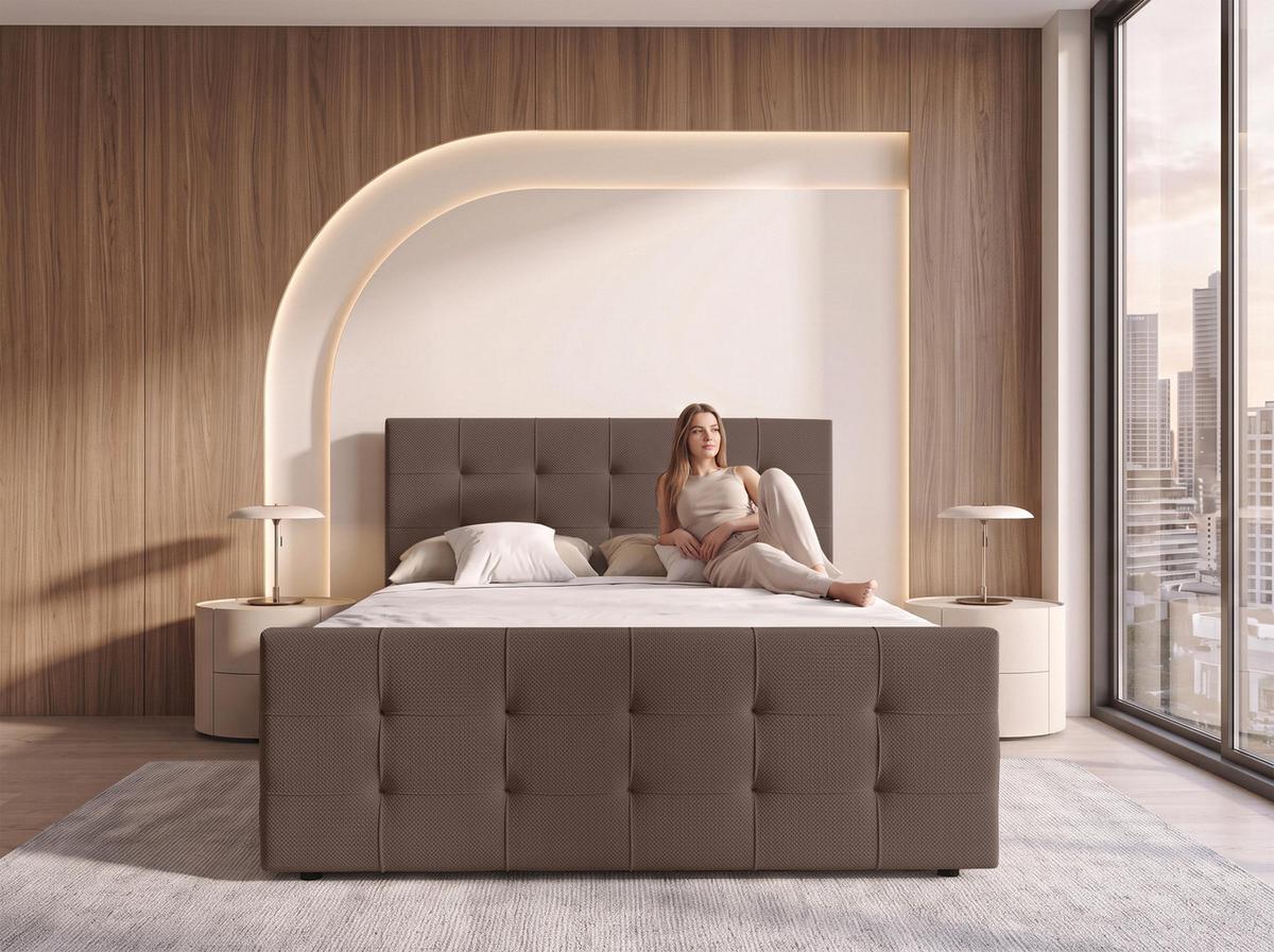 BOXBETT DEFNE 140x200 cm mit Fußteil und Matratze - Braun + TOPPER - Schwarz/Braun, Holz/Holzwerkstoff (140/200cm) - AX Living