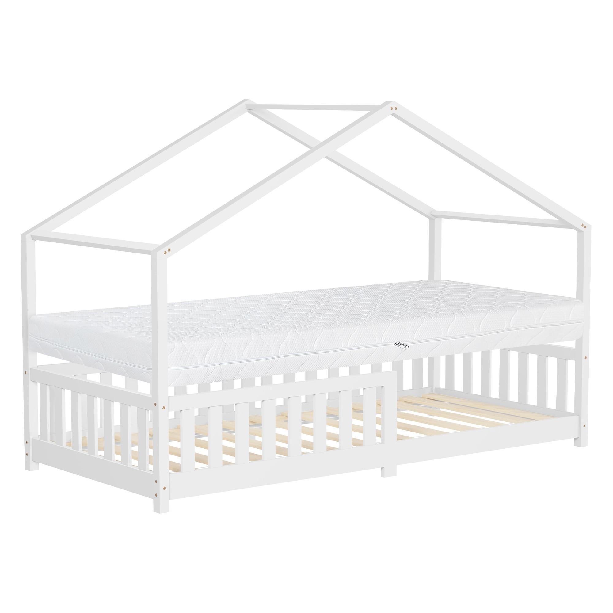 HAUSBETT mit Matratze 90x200 cm H:16cm Weiß aus Kiefernholz mit Rausfallschutz - Weiß, Holz (90/200cm) - ML-DESIGN