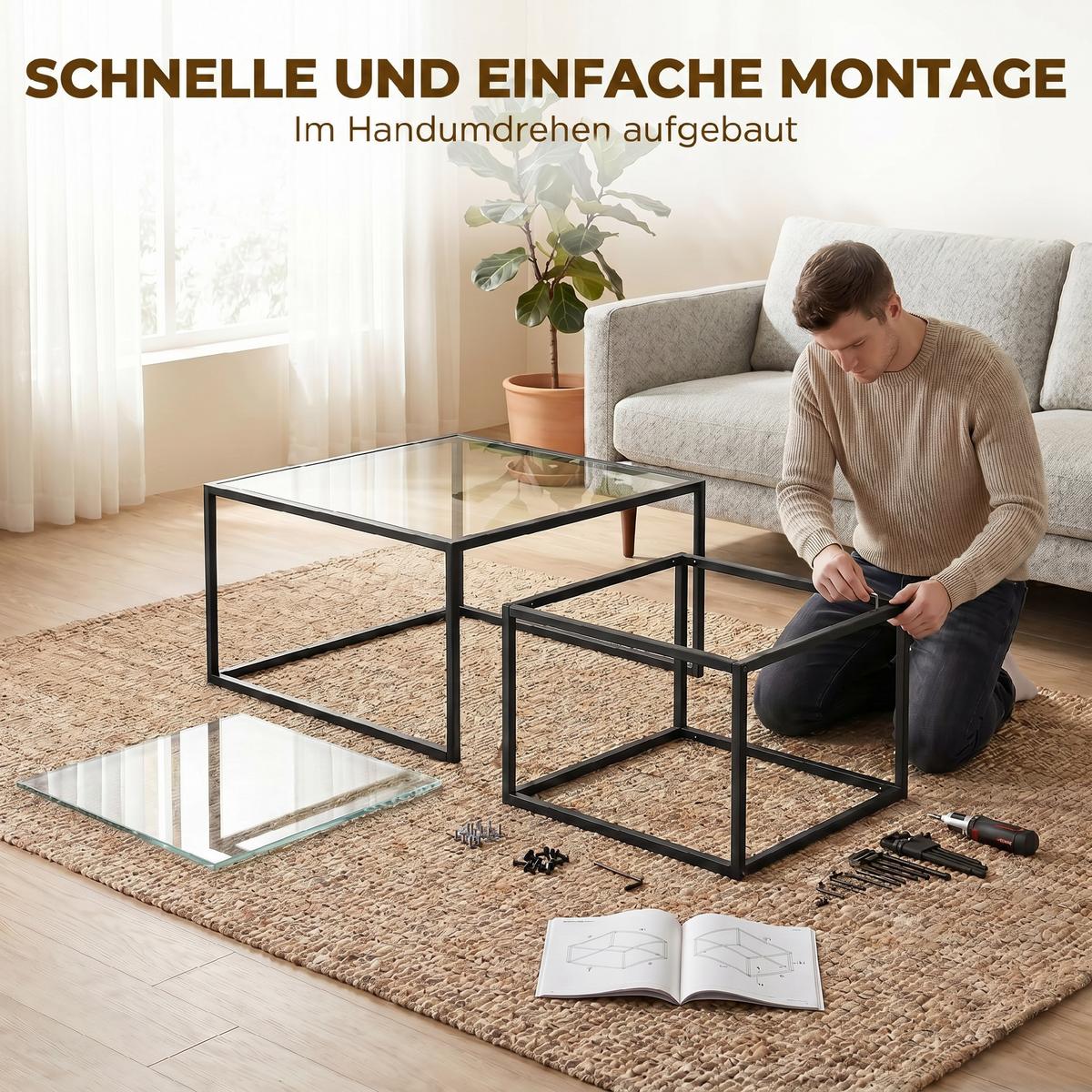 COUCHTISCHE 2er Set Gehärtetes Glas Metall Schwarz - Schwarz, Glas/Metall (75/75/42cm) - HOMCOM