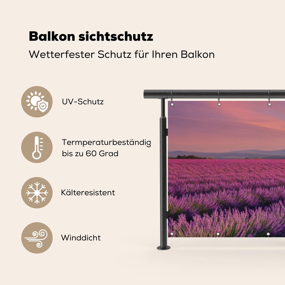 BALKON-SICHTSCHUTZ Lavendelfeld - Sonnenuntergang - Lila - Blumen Deko XXL 500x110 cm - Violett, Kunststoff (500/110cm) - MuchoWow