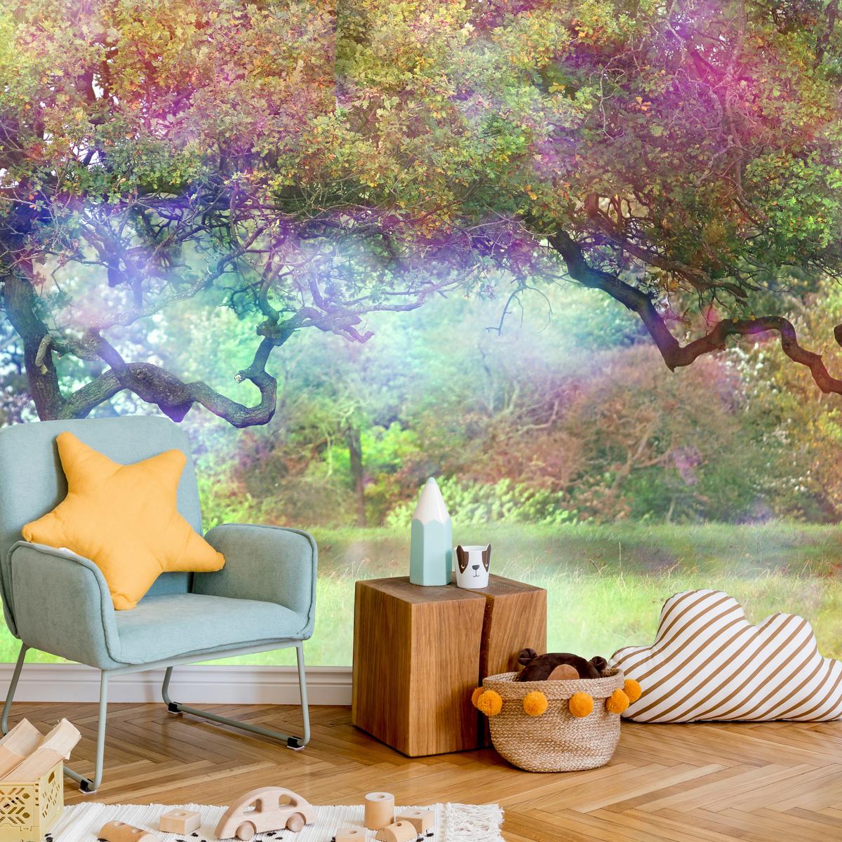 FOTOTAPETE für Kinderzimmer Magischer Bunter Wald Bäume Sträucher Blätter Pflanzen 100x70 - Gelb/Rot, Papier (100/70cm) - Muralo