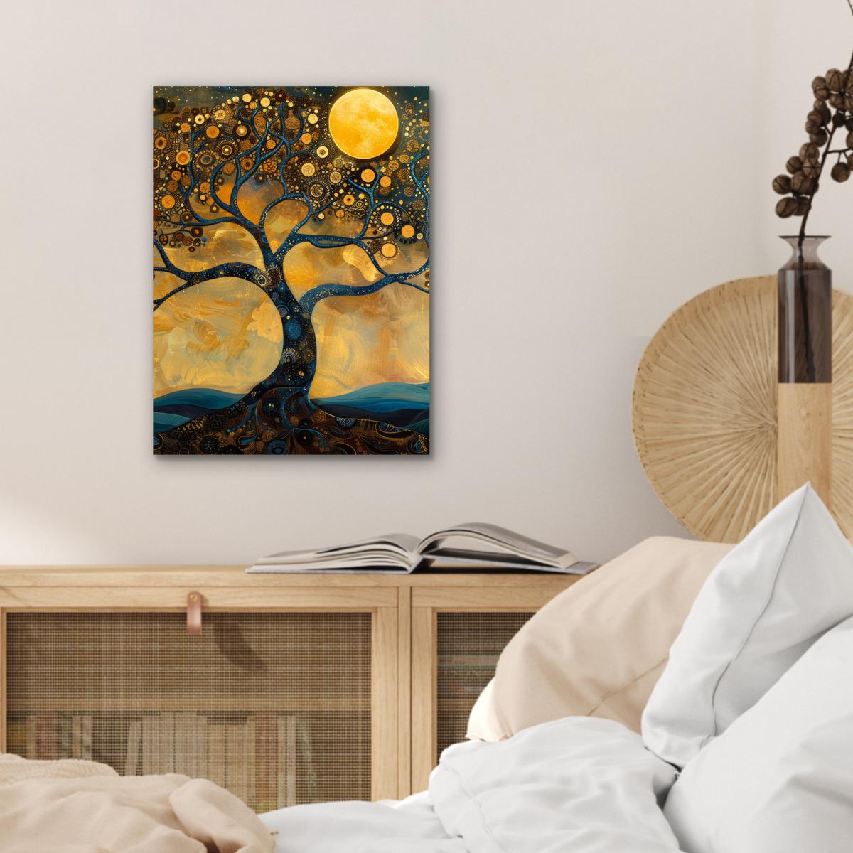 METALLBILD Baum - Mond - Blumen - Gold - Kunst 30x40 cm - Orange, Metall (30/40cm) - MuchoWow