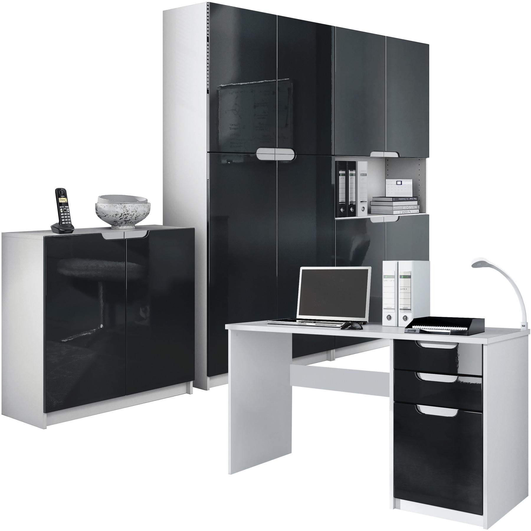 BÜROMÖBELSET Logan Fronten in Schwarz Hochglanz - Schwarz Hochglanz, Holzwerkstoff (246/185/60cm) - Vladon