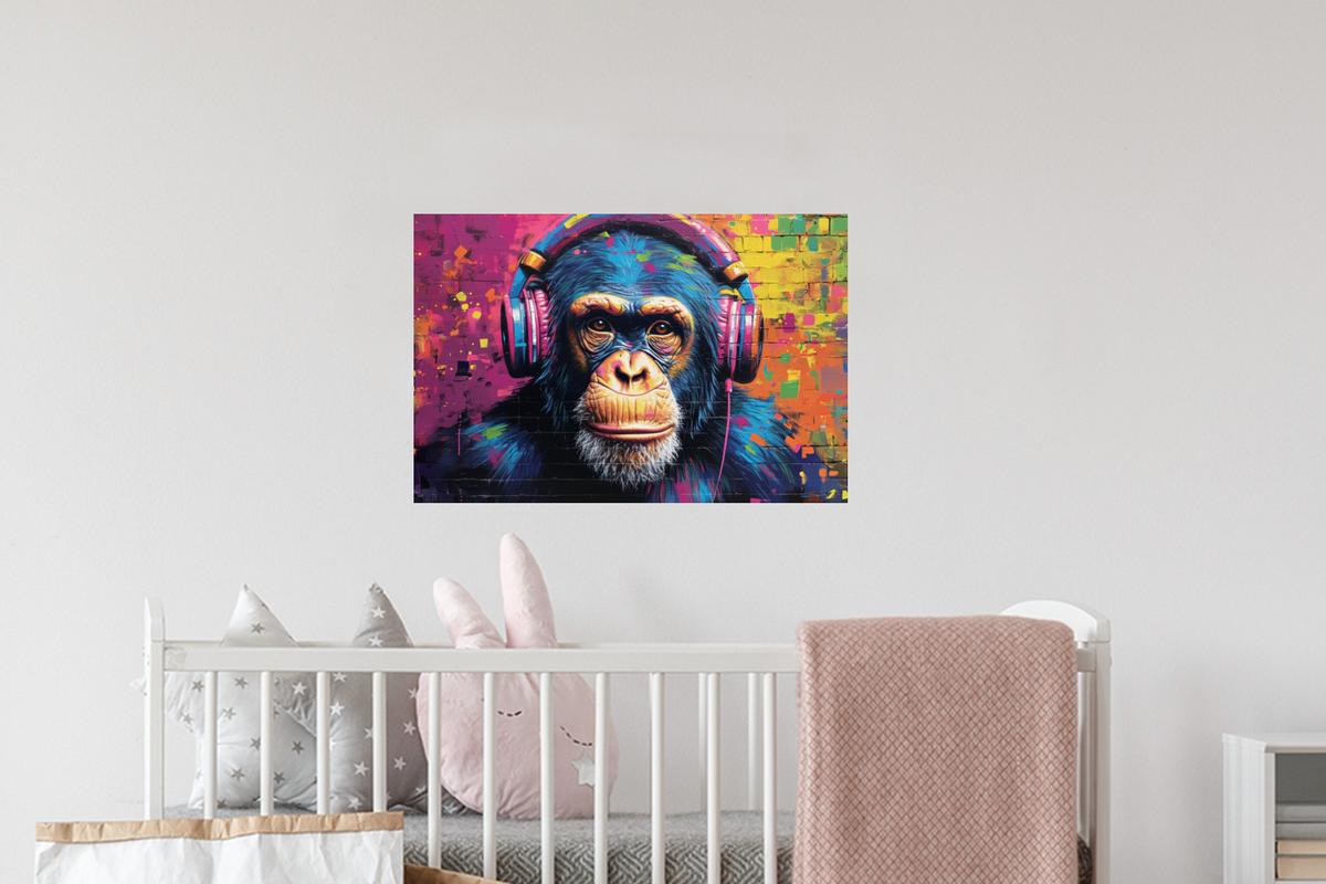 WANDTATTOO Graffiti - Schimpanse - Straßenkunst - Kopfhörer - Affe Deko Wohnzimmer 60x40 cm - Blau, Kunststoff (60/40/0.1cm) - MuchoWow