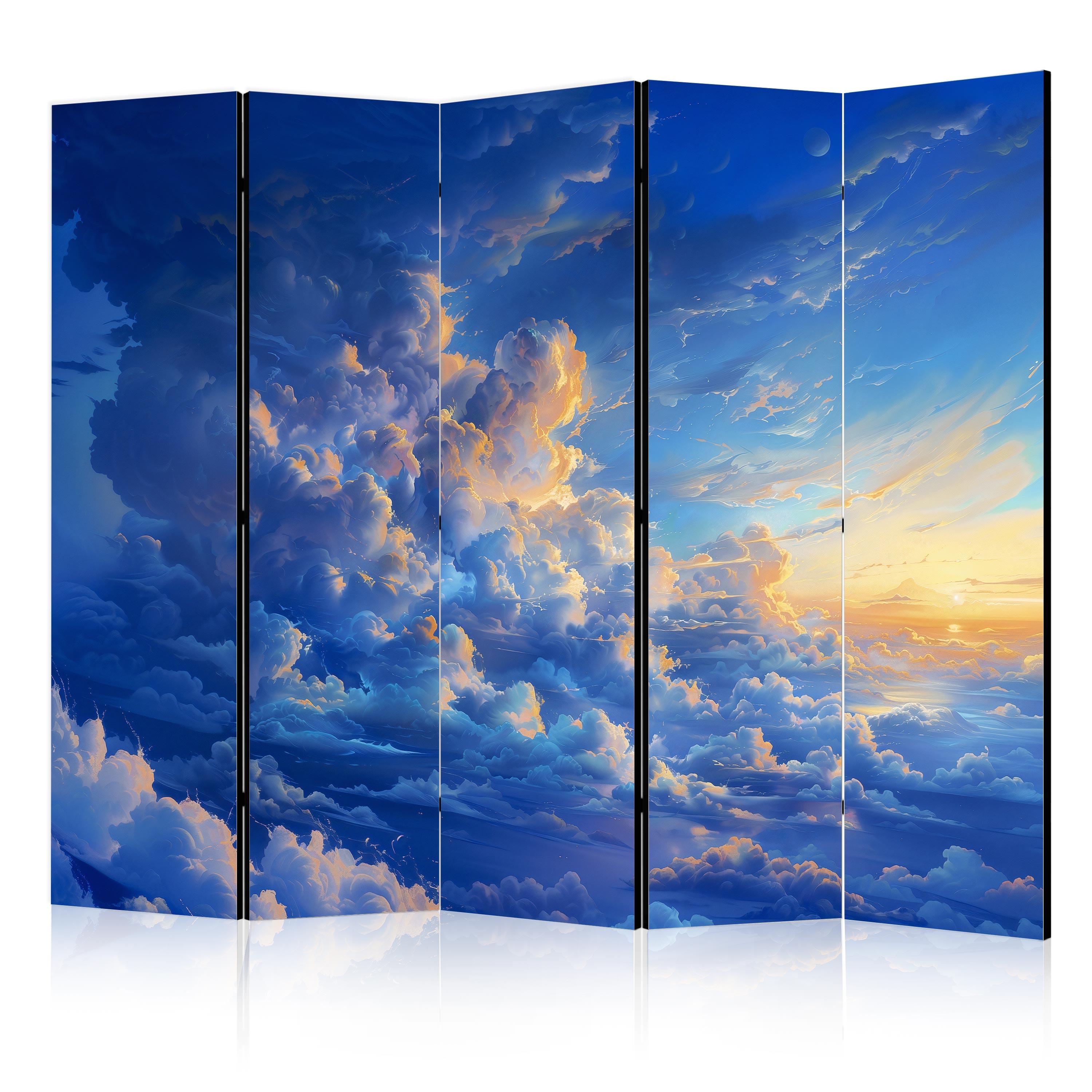 PARAVENT Akustik 5-tlg 225x172 cm Blaue Wolken Sonnenstrahl - Blau, Holz/Textil (225/172/3cm) - Muralo