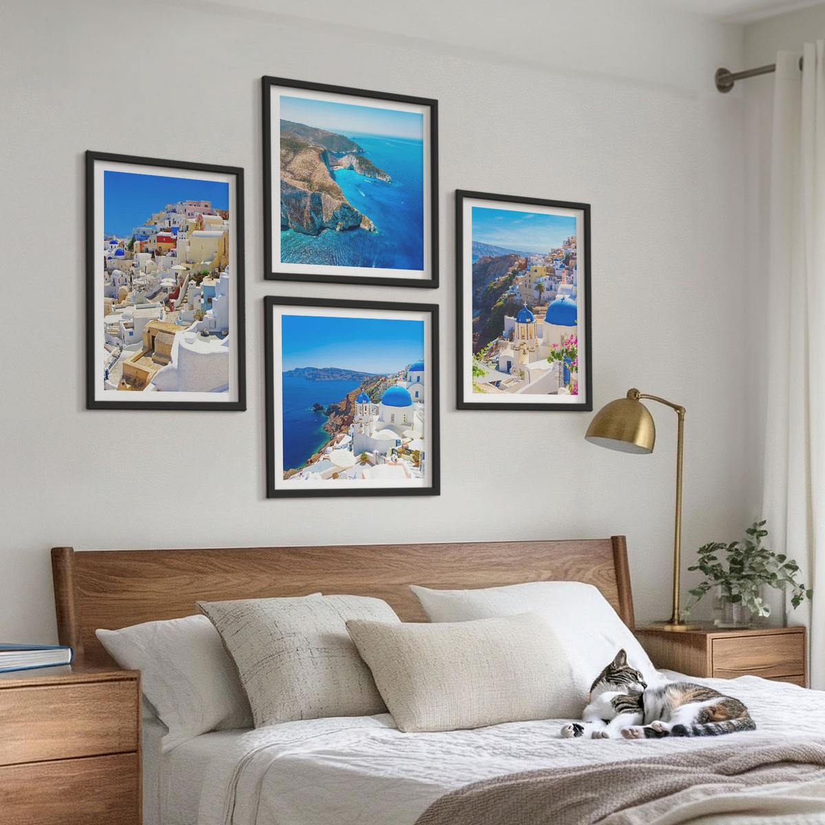 BILDER SET 4er Set - 50x50 cm & 40x60 cm Schwarzer Rahmen - Architekturlandschaft Oia Santorin Griechenland - Schwarz, Kunststoff (50/50cm) - TULUP