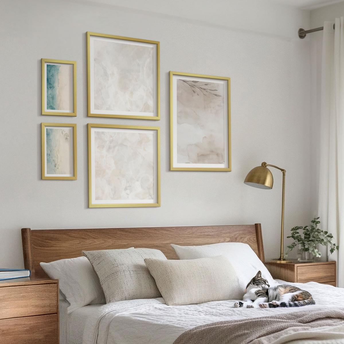 BILDER SET 5er Set - 50x50 cm & 20x30 cm & 40x60 cm Goldrahmen - Aquarellmalerei-Textur - Goldfarben, Kunststoff (40/60cm) - TULUP