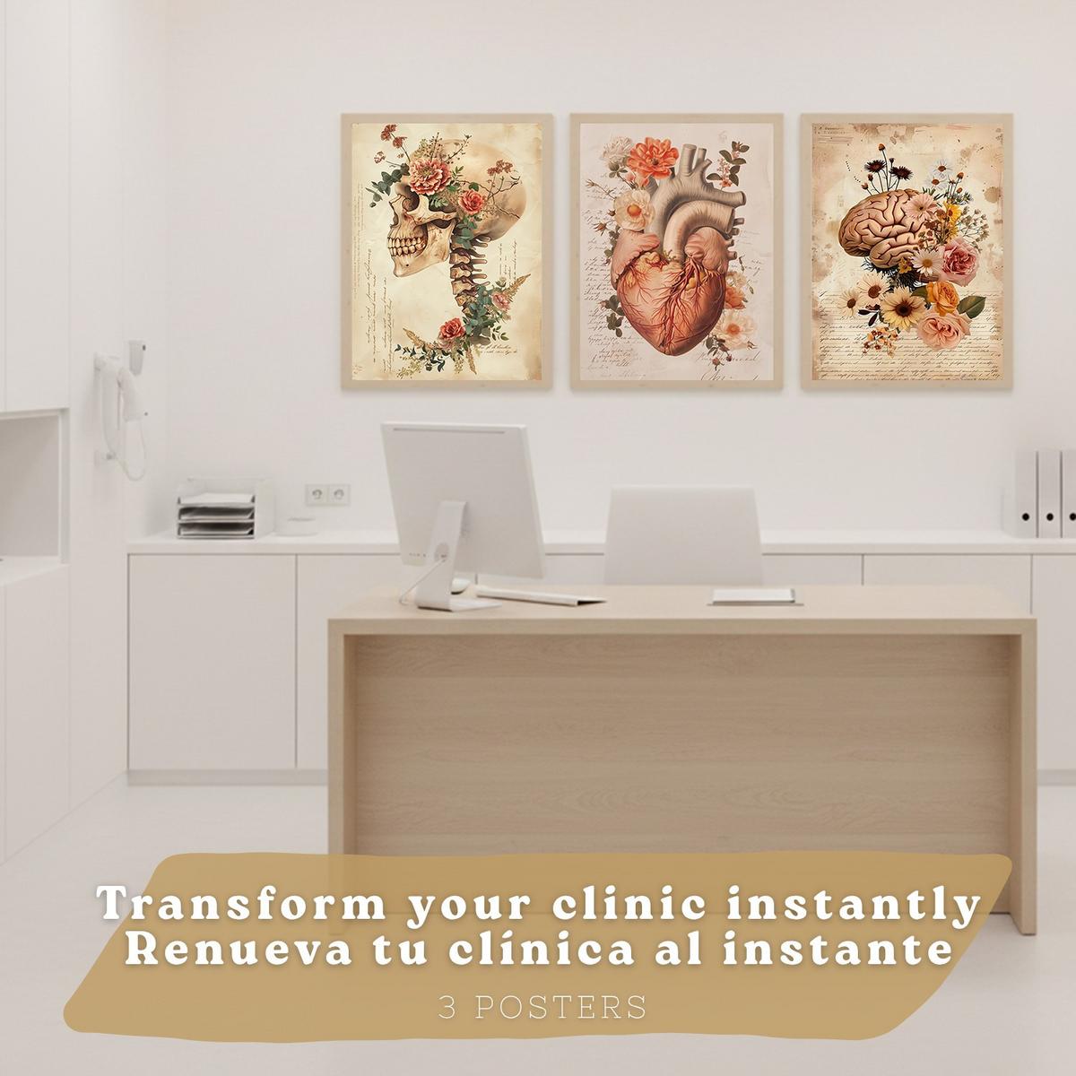 POSTER Set aus 3 Anatomie Mensch Drucke und Wandbilder mit Herz Gehirn und Schädel Vintage Floraler Stil Wanddekoration Größe Leichter Holzrahmen A3 - Beige, Papier (29.7/42/3cm) - Nacnic