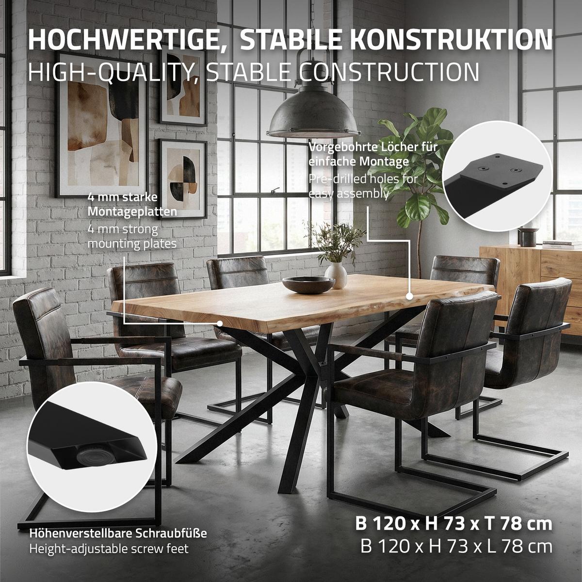 TISCHBEINE Metall Schwarz 120x78x72 cm X-Form 4-beinig aus Stahl - Schwarz, Metall (78/71.5/120cm) - ML-DESIGN