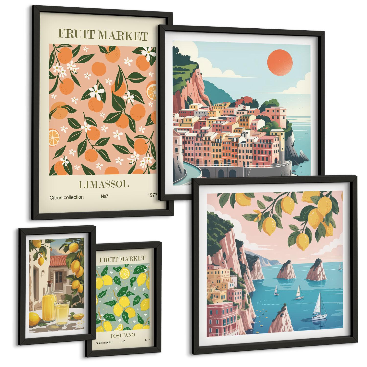 BILDER SET 5er Set - 50x50 cm & 20x30 cm & 40x60 cm Schwarzer Rahmen - Abstrakte ästhetische Berge - Schwarz, Kunststoff (40/60cm) - TULUP