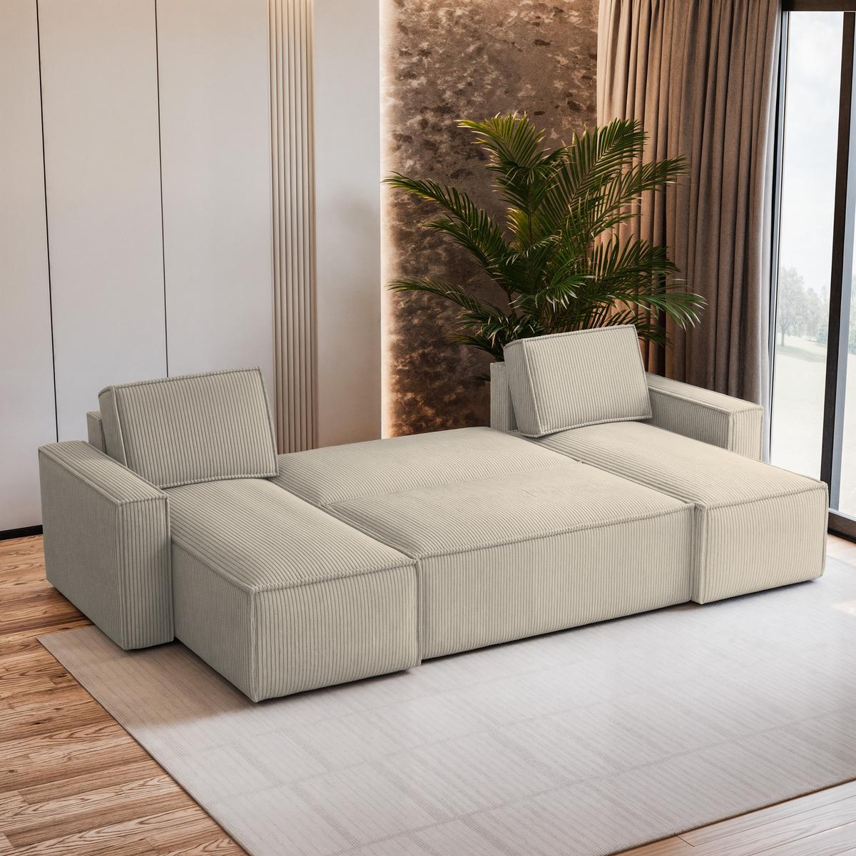 WOHNLANDSCHAFT PESANO P Creme Kordstoff mit Schlaffunktion - Creme/Grau, Holz/Kunststoff (306/85/140cm) - MASSENO