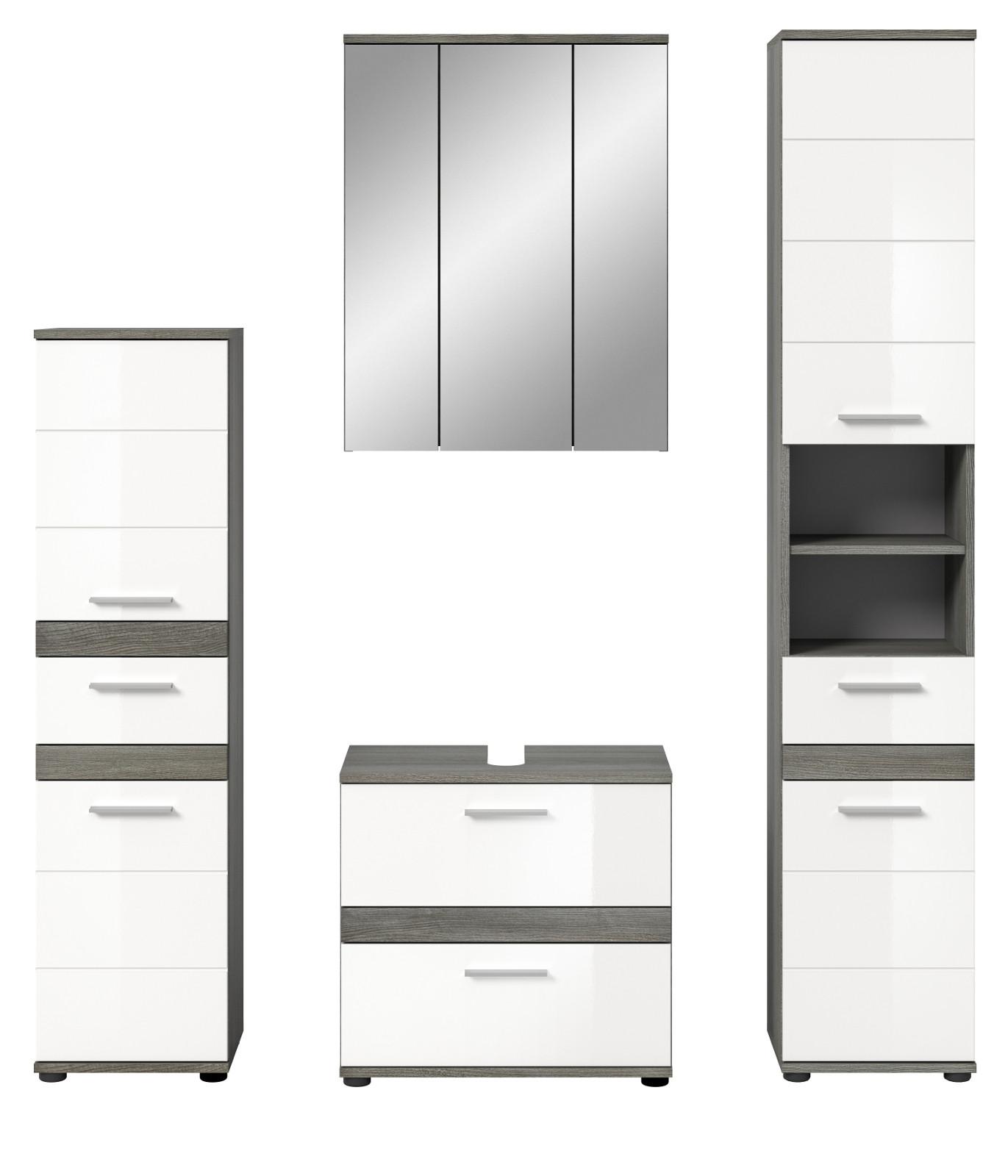 BADMÖBEL-SET weiß Hochglanz, grau 4-teilig 160 cm, Kombination mit viel Stauraum - Weiß Hochglanz/Grau, Holzwerkstoff/Metall (160/191/34cm) - Inn.Furn