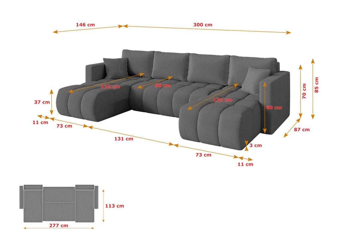 WOHNLANDSCHAFT mit Schlaffunktion und Bettkasten GARD-U 300x146x85 Grau Bouclé - Schieferfarben/Schwarz, Holzwerkstoff/Kunststoff (300/85/146cm) - ALTDECOR