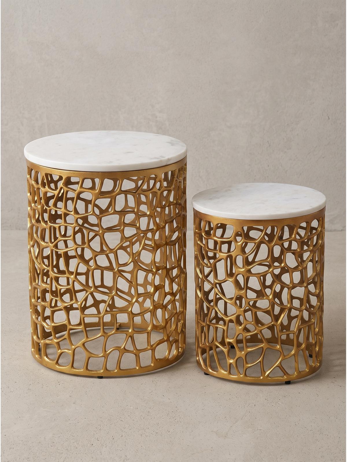 BEISTELLTISCHE 2er-Set ASTLUX, Marmor, Gold-Weiß, Ø 39 x 52,5 cm - Goldfarben, Stein/Metall (39/39/52.5cm) - KADIMA DESIGN