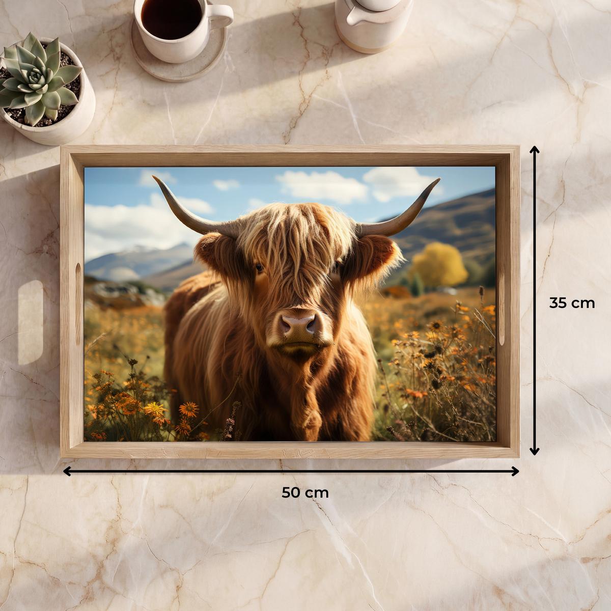 TABLETT Schottische Highlander - Blumen - Hörner - Wolken 50x35 cm - Braun, Holz (50/5/5cm) - OnlyWow
