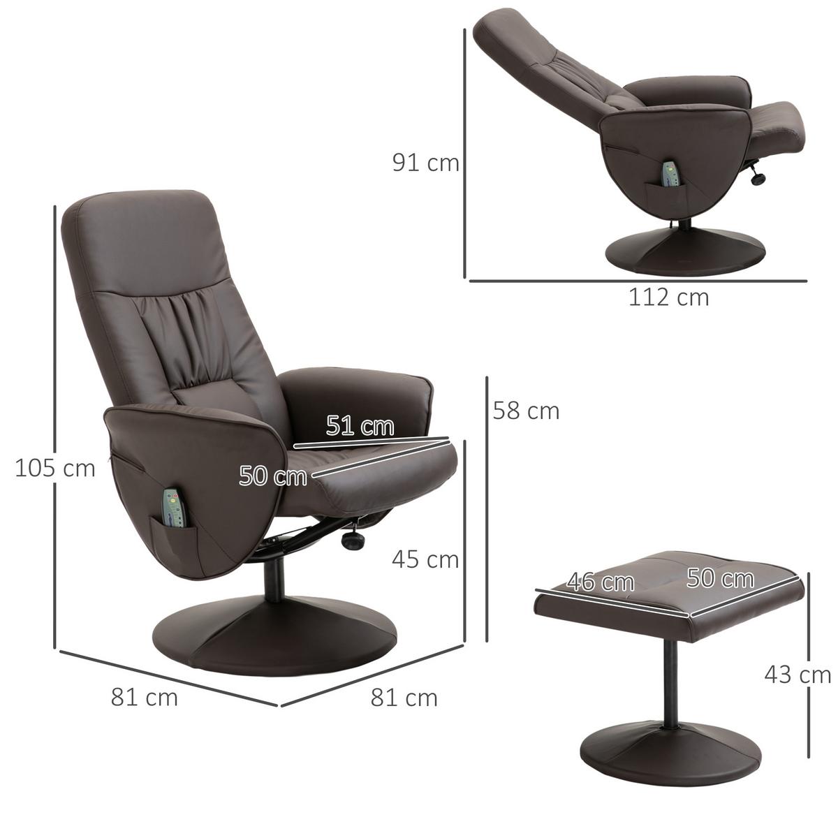 RELAXSESSEL Massagesessel mit Liegefunktion Fußhocker Stauraum TV-Sessel Braun - Schwarz/Braun, Metall (81/105/76cm) - HOMCOM