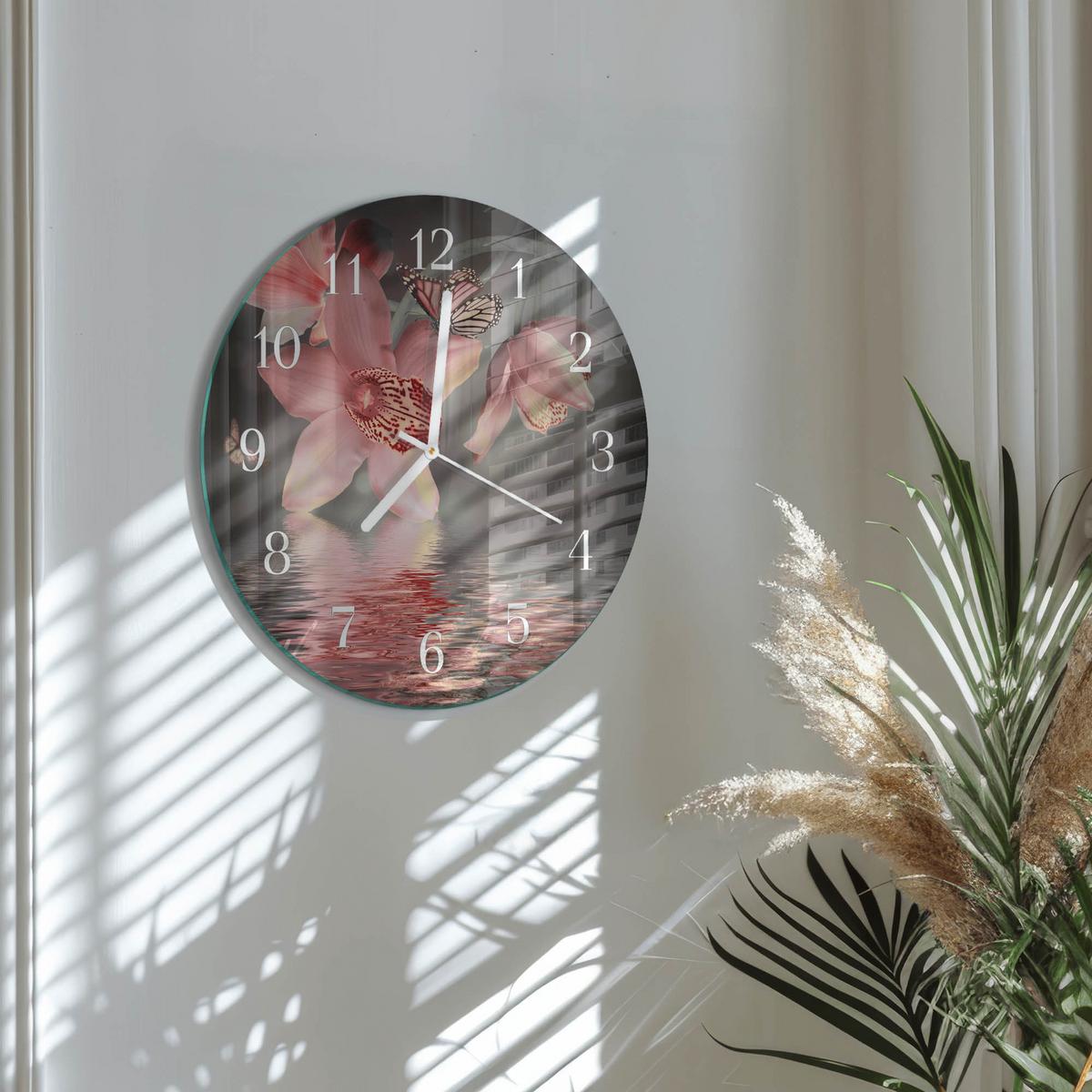 WANDUHR aus Glas Ø30 cm - Orchidee - Pink, Glas (30/30/0.4cm) - TULUP