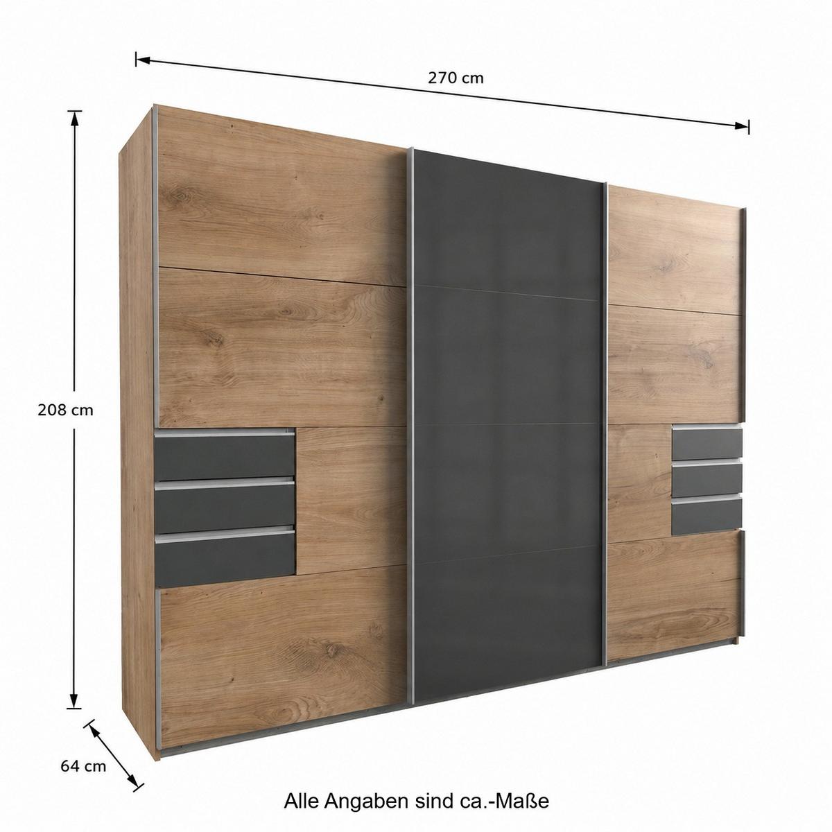 SCHWEBETÜRENSCHRANK 3-türig B270/H208/64 cm, Eiche Dekor, Mitteltür Glas Grau, Kleiderschrank mit Schubladen in Grafit & Vollausstattung / 22611 - Eichefarben/Alufarben, Holzwerkstoff/Metall (270/208/64cm) - luma-home
