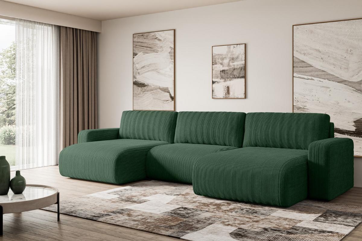 WOHNLANDSCHAFT mit Schlaffunktion und Bettkasten KLEEA-U - 347x143x83 cm Grün Cord - Schwarz/Grün, Holzwerkstoff/Kunststoff (347/83/143cm) - ALTDECOR