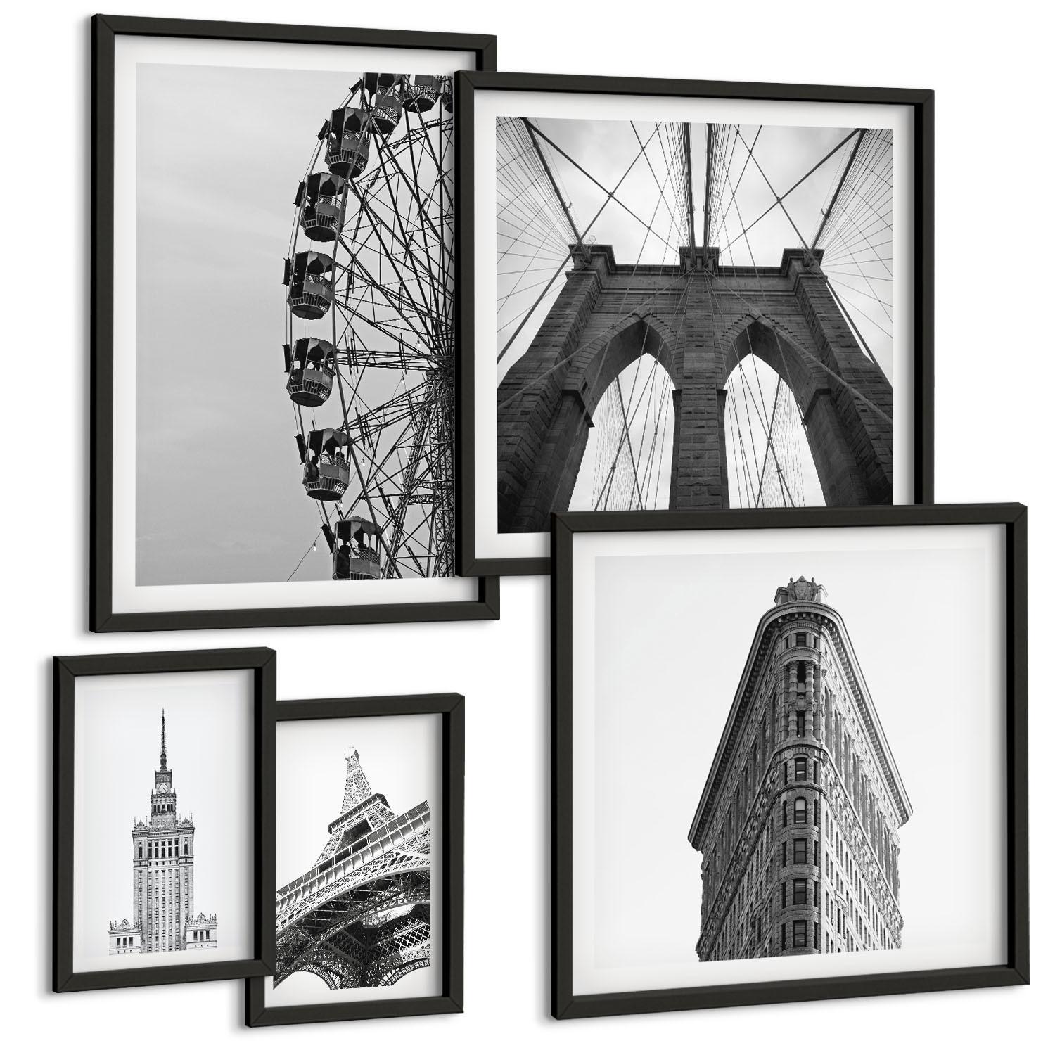 BILDER SET 5er Set - 50x50 cm & 20x30 cm & 40x60 cm Schwarzer Rahmen - Architektur Schwarz-Weiß-Minimalismus - Schwarz, Kunststoff (40/60cm) - TULUP