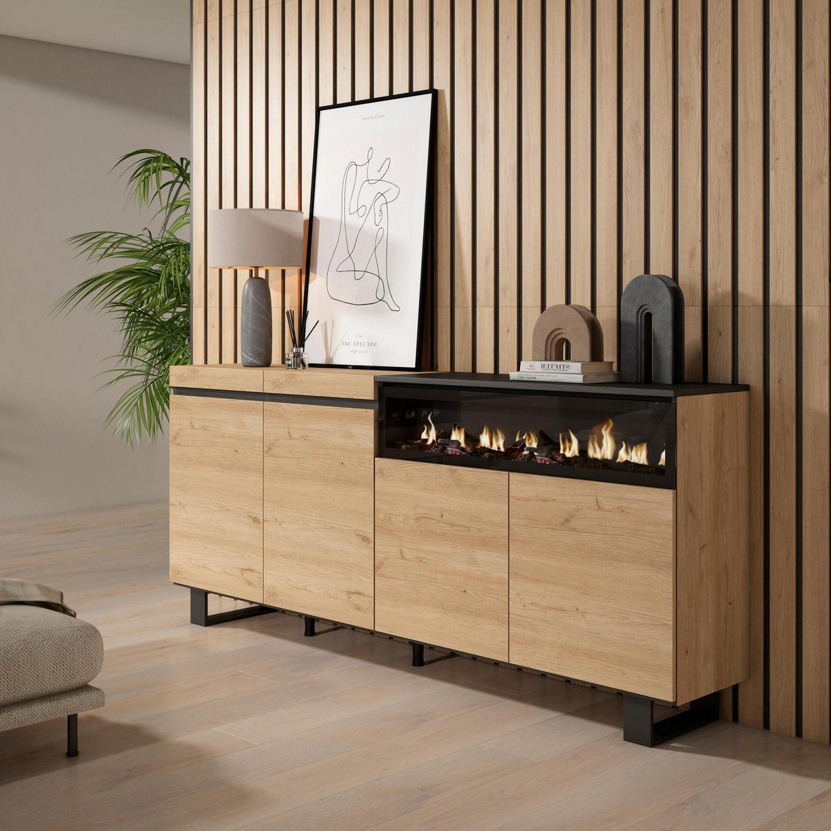 SIDEBOARD Elektrokamin, eiche, schwarz, 200/35/87cm - Beige/Multicolor, Holzwerkstoff (200/87/35cm) - Skraut Home