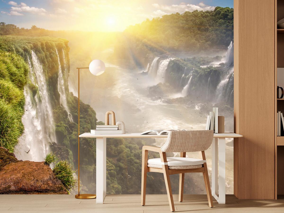 FOTOTAPETE für Wohnzimmer Wasserfall Sonnenaufgang Pflanzen 400x280 - Gelb/Beige, Papier (400/280cm) - Muralo