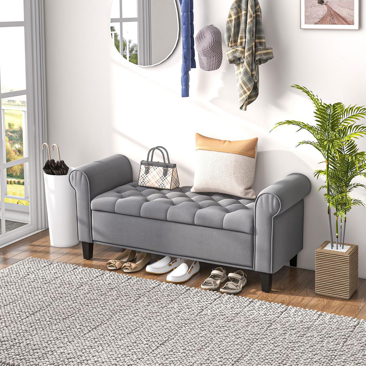 TRUHENBANK Samtoptik, Grau - Grau, Kunststoff (48.5/57/126cm) - HOMCOM