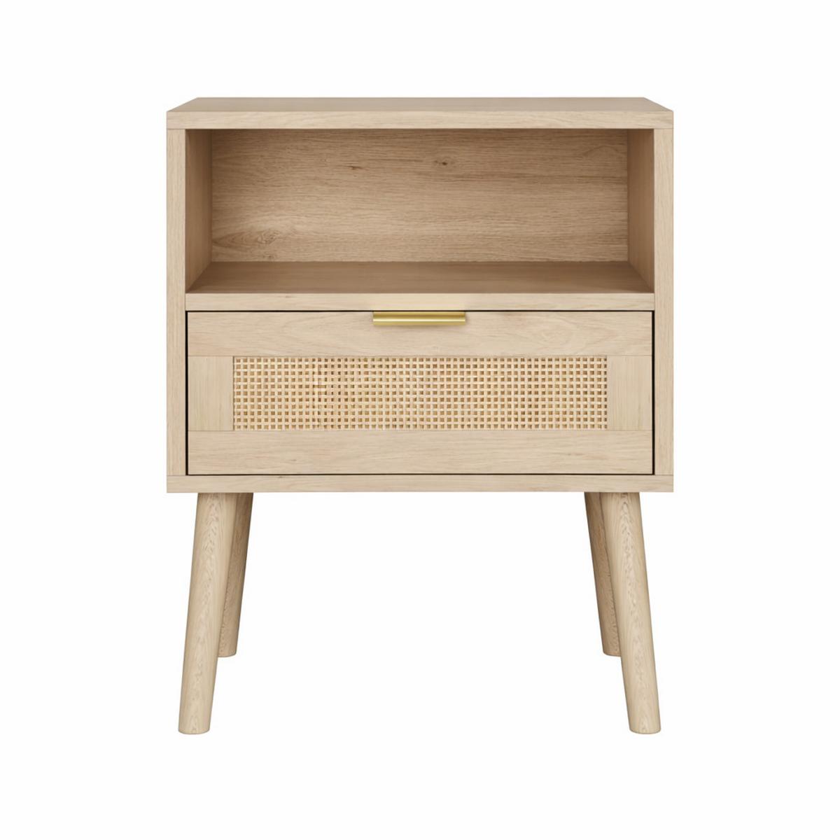 NACHTTISCH Eiche 45 cm – Boho Nachtkonsole mit Rattan & offenem Fach - Eichefarben, Holzwerkstoff (45/55/40cm) - Urban Meuble