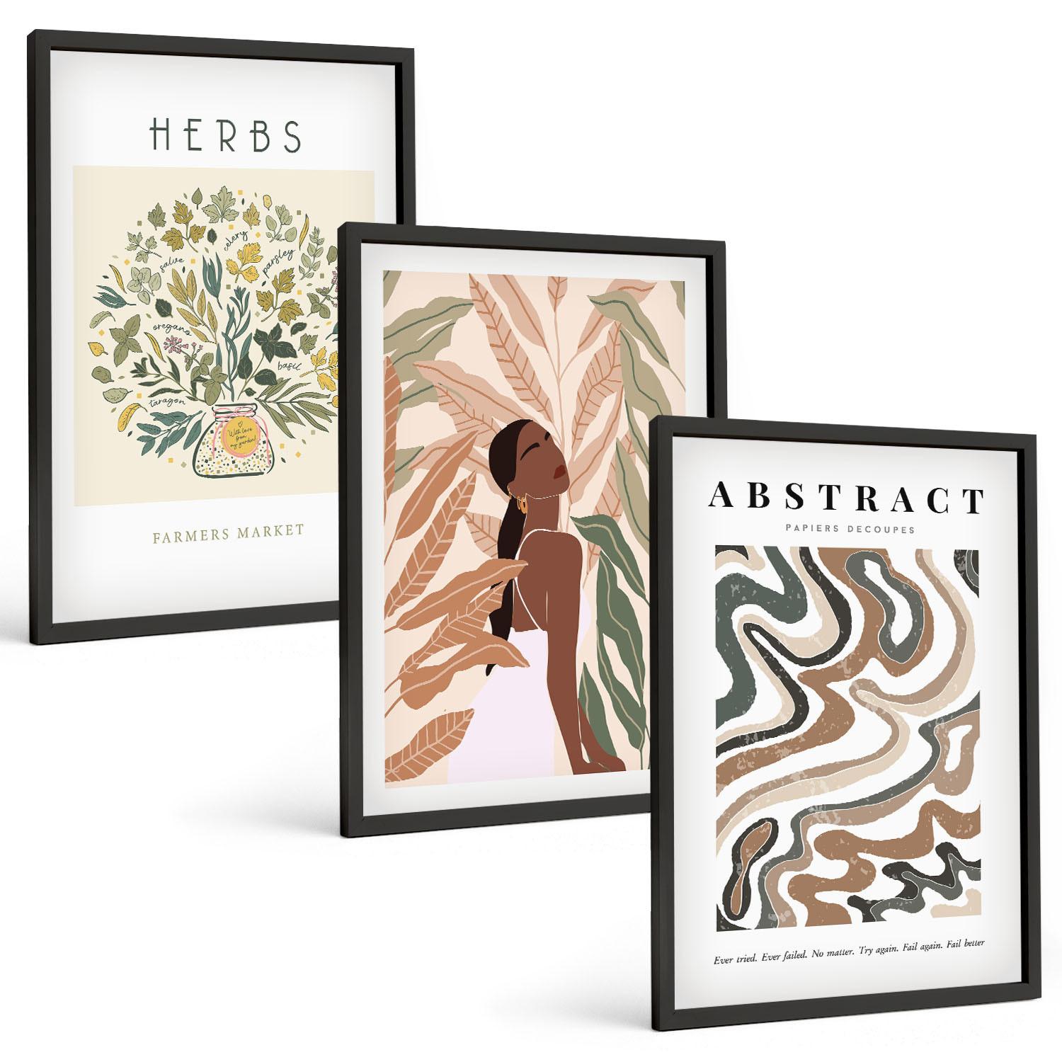 BILDER SET 3er Set - 40x60 cm Schwarzer Rahmen - Boho-Pastell-Minimalisten-Poster - Schwarz, Kunststoff (40/60cm) - TULUP