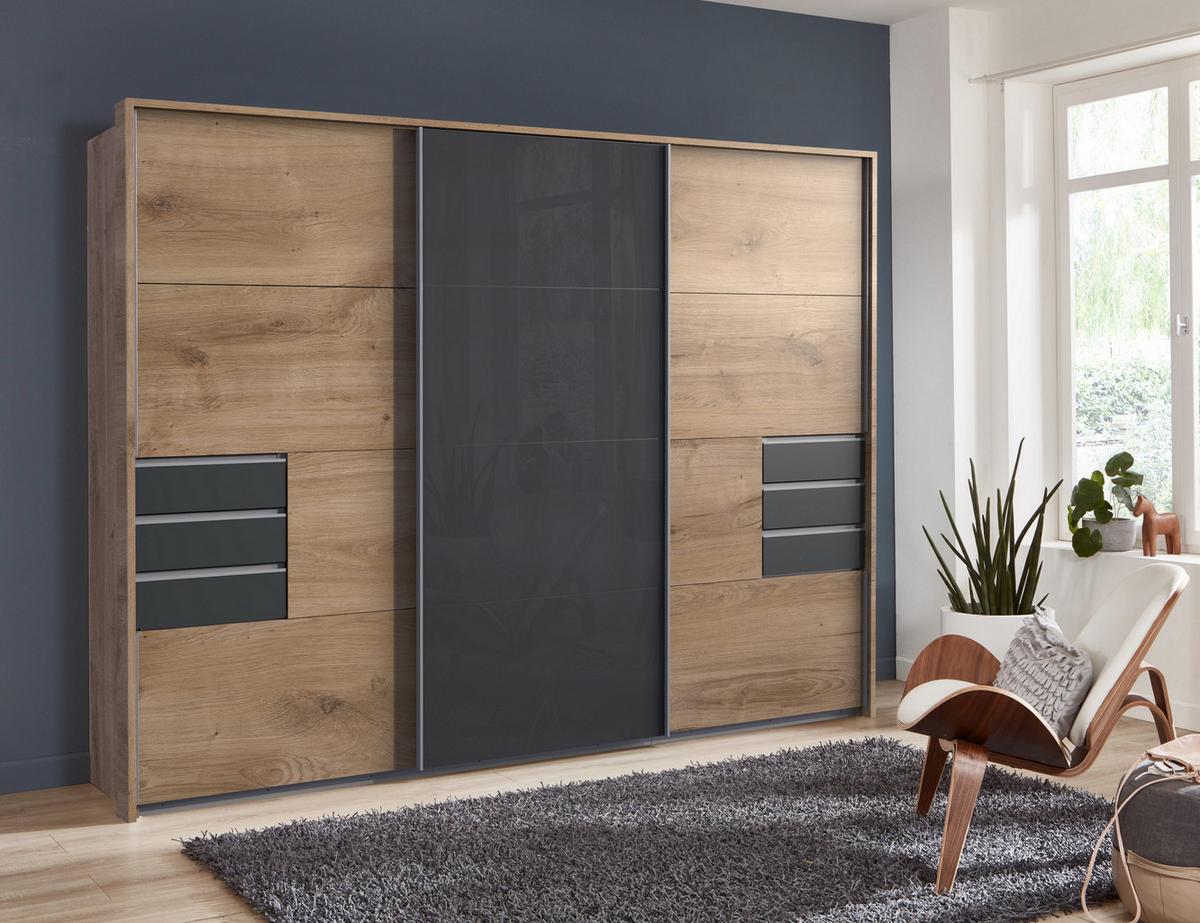SCHWEBETÜRENSCHRANK 3-türig B273/H213/T64 cm, Eiche Dekor/Glas Grau, Passepartout-Kleiderschrank mit Schubladen in Grafit & Vollausstattung / 22617 - Eichefarben/Alufarben, Holzwerkstoff/Metall (273/213/64cm) - luma-home