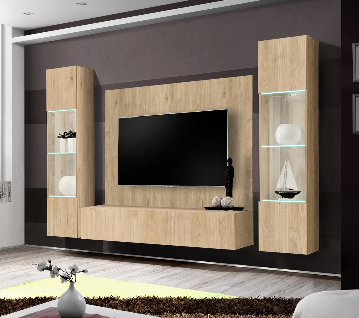 WOHNWAND Eiche Jackson 4-teilig 260 cm hängend, Schrankwand mit LED und Push-to-Open - Eichefarben, Glas/Holzwerkstoff (260/170/40cm) - Inn.Furn