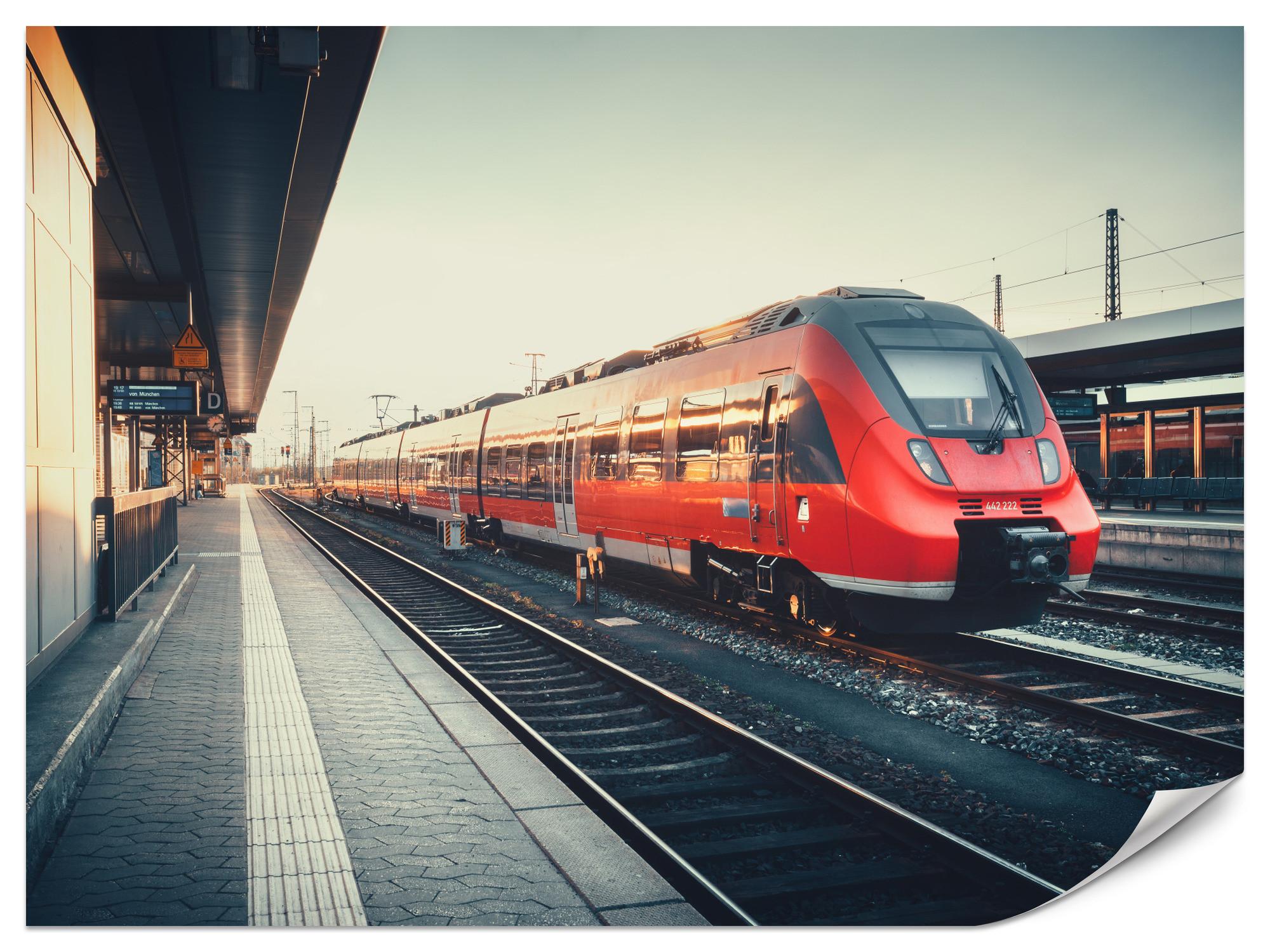 FOTOTAPETE für Wohnzimmer Moderner Roter Zug Bahnhof Geleise 250x175 - Rot/Braun, Papier (250/175cm) - Muralo