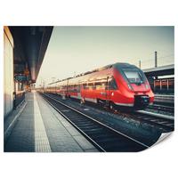 FOTOTAPETE für Wohnzimmer Moderner Roter Zug Bahnhof Geleise 250x175 - Rot/Braun, Papier (250/175cm) - Muralo