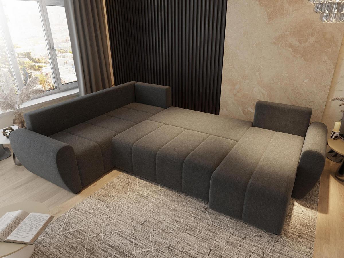 WOHNLANDSCHAFT MADISON XL L-S Hellgrau Dünner Stoff mit Schlaffunktion - Hellgrau/Schwarz, Holz/Kunststoff (303/82/208cm) - MASSENO