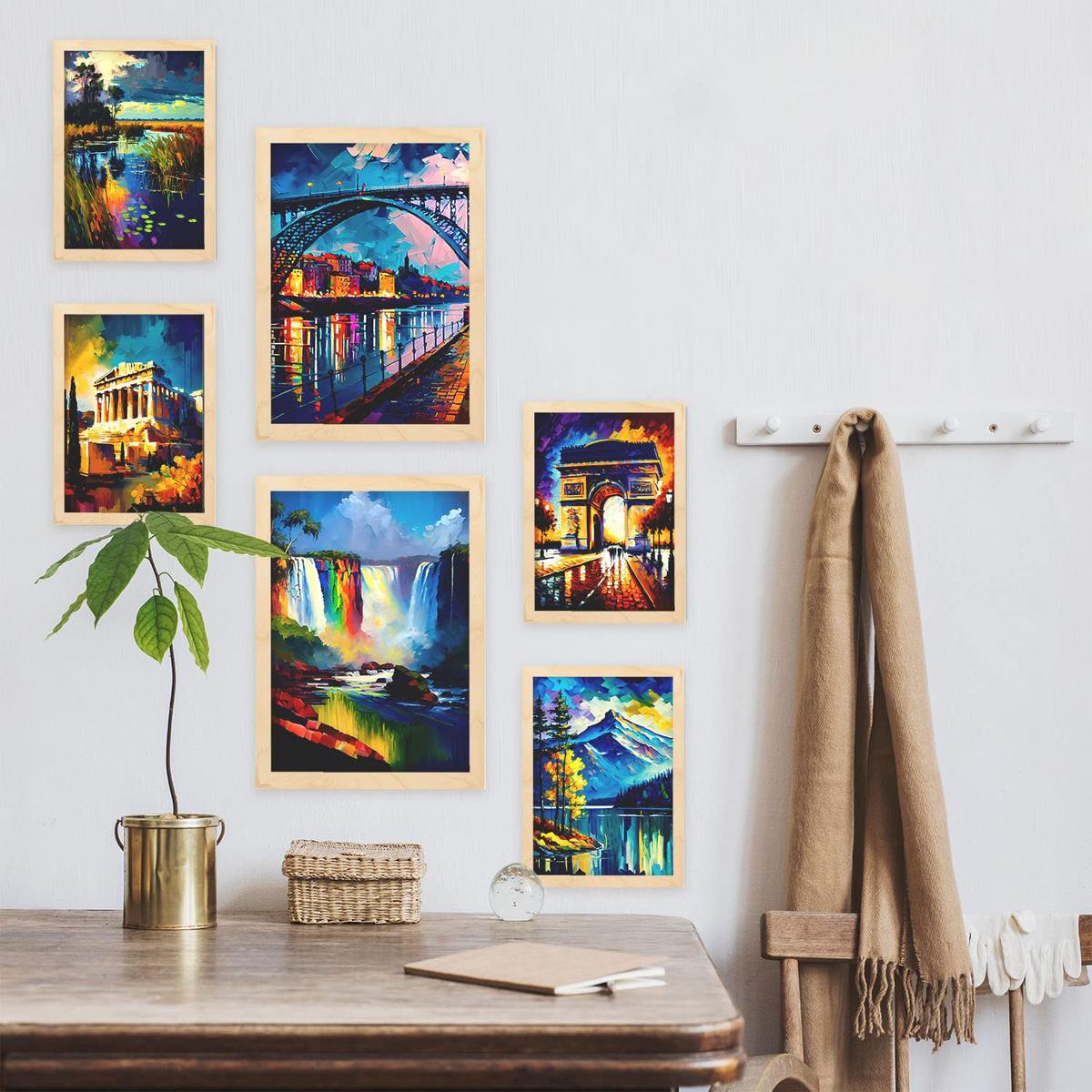 POSTER Set Mit 6 Regenbogen Im Ölgemälde Stil A3 & A4 Rahmen Aus Hellem Holz - Beige, Papier (29/3cm) - Nacnic