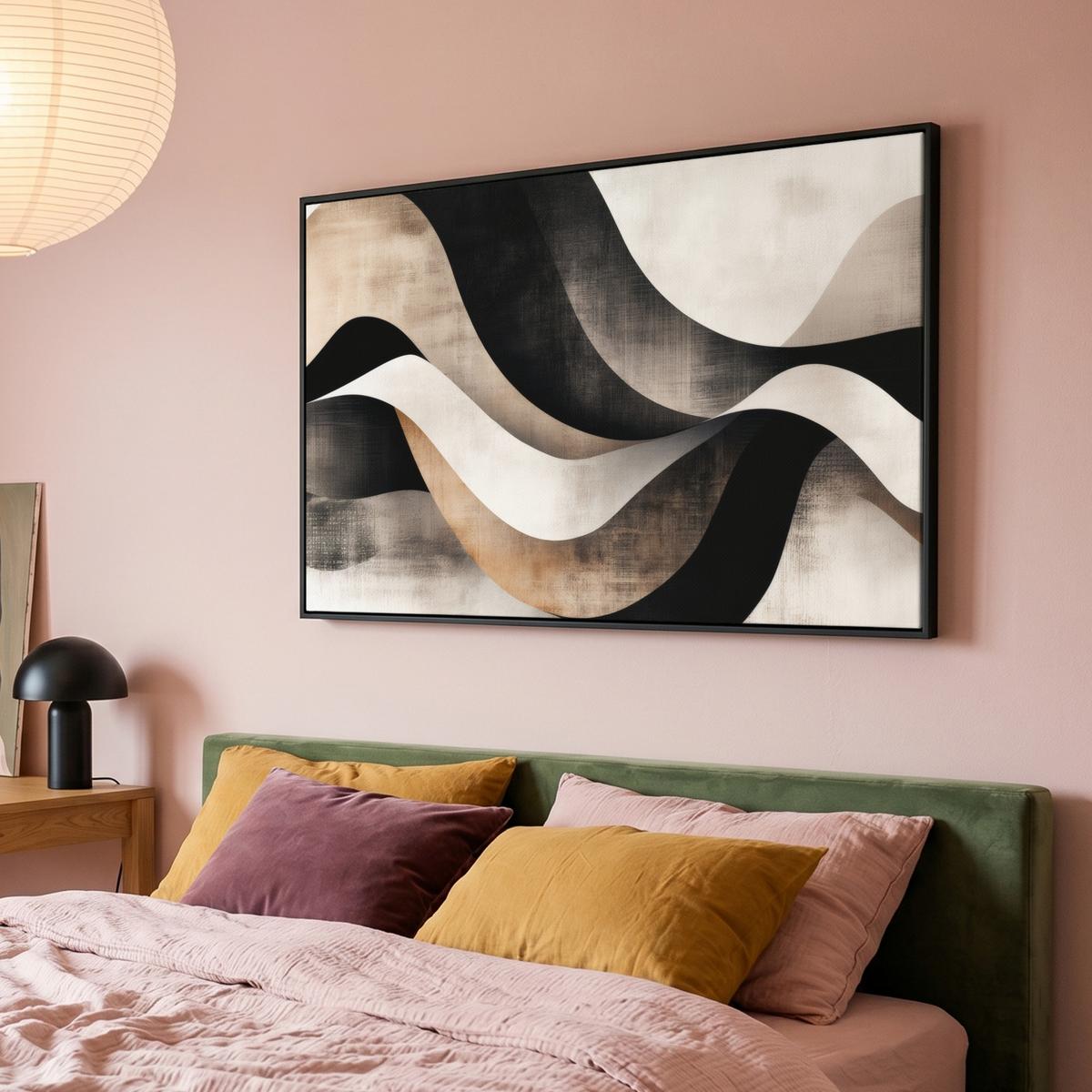 LEINWAND Bilder mit Rahmen - Abstrakt - Wellen - Schwarz - Verwittert - 150x100 - Trüffeleichefarben, Textil (150/100cm) - MuchoWow