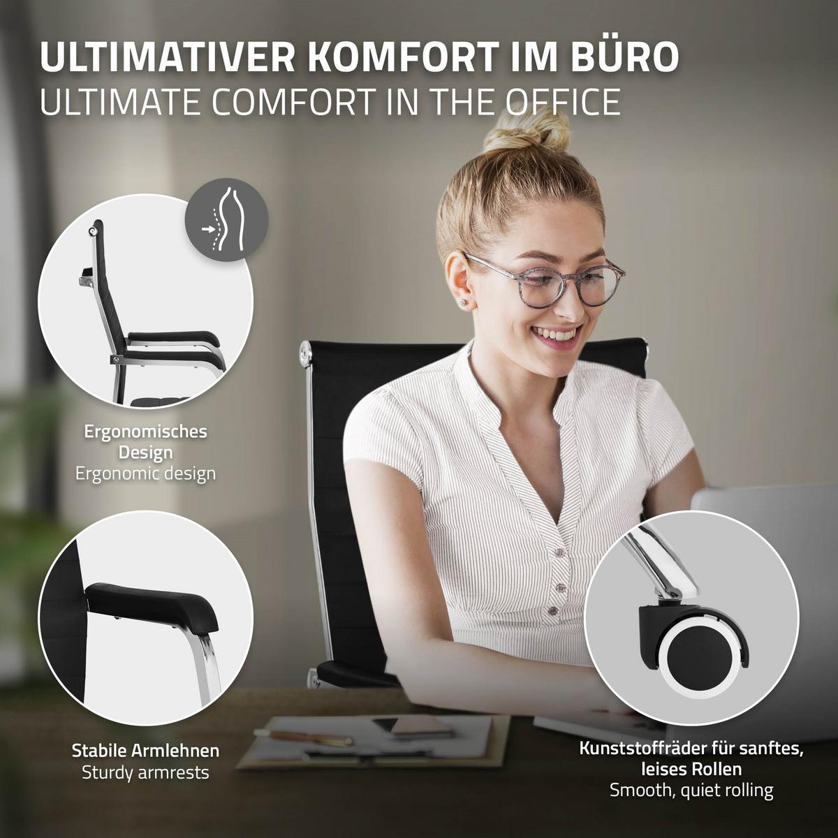 BÜROSTUHL Schwarz aus Kunstleder mit Stahlgestell - Silberfarben/Schwarz, Metall (62/117/62cm) - ML-DESIGN
