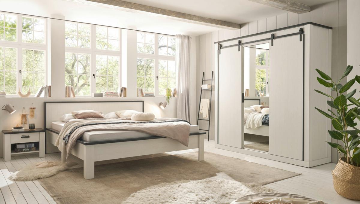 BETT weiß Pinie, anthrazit Landhaus, Doppelbett Liegefläche 180 x 200 cm - Anthrazit/Weiß, Holzwerkstoff (180/200cm) - Furn.Design