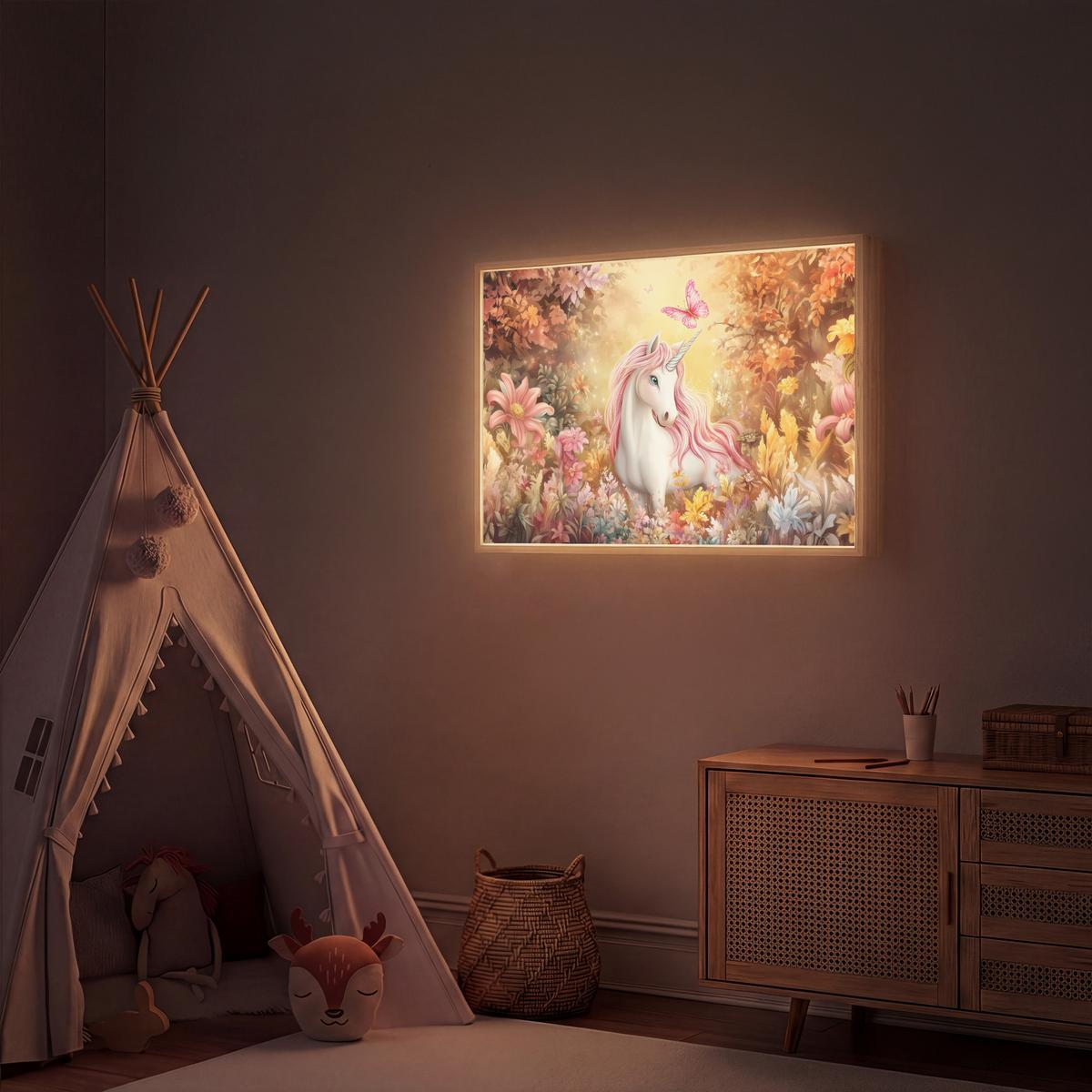 WANDLEUCHTE MIT AKKU Einhorn - Blumen - Schmetterling - Rosa 100x70 cm - Beige, Holzwerkstoff (100/70/8cm) - OnlyWow
