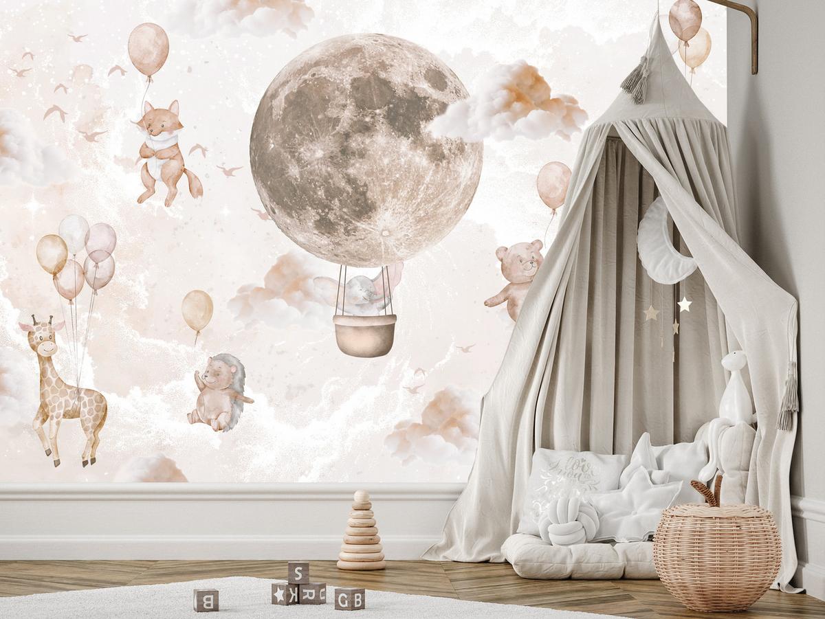 FOTOTAPETE für Kinderzimmer Mond Ballons Bär Rehkitz Giraffe Wolken 500x350 - Beige/Rosa, Papier (500/350cm) - Muralo