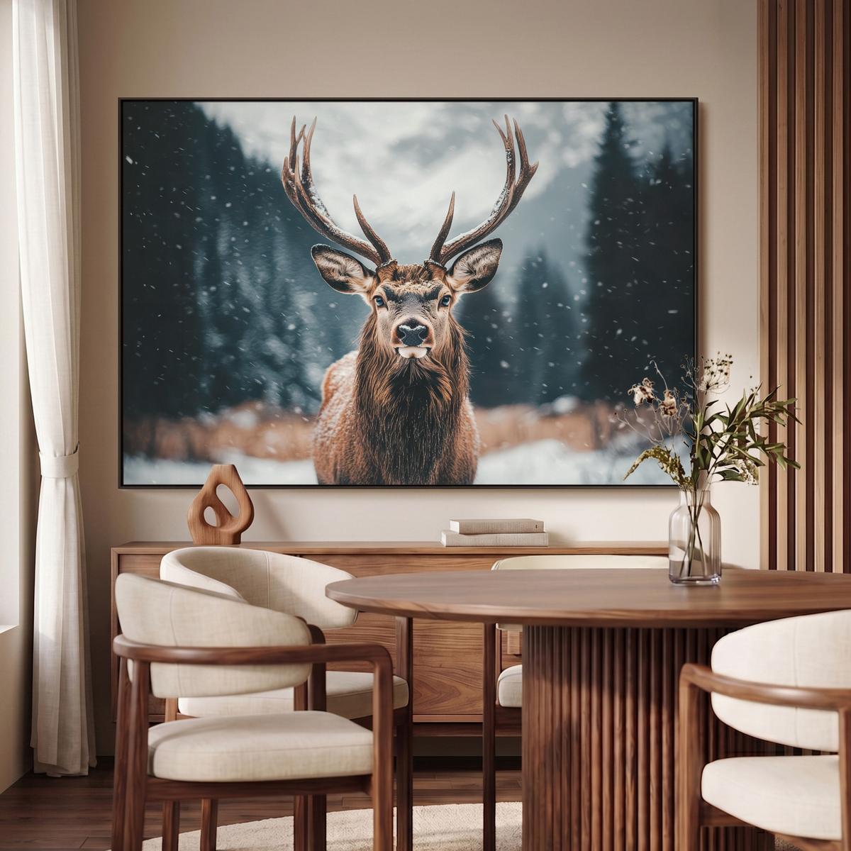 LEINWAND Bilder mit Rahmen - Hirsche - Tiere - Landschaft - Winter - Schnee - 150x100 - Kastanienfarben, Textil (150/100cm) - MuchoWow